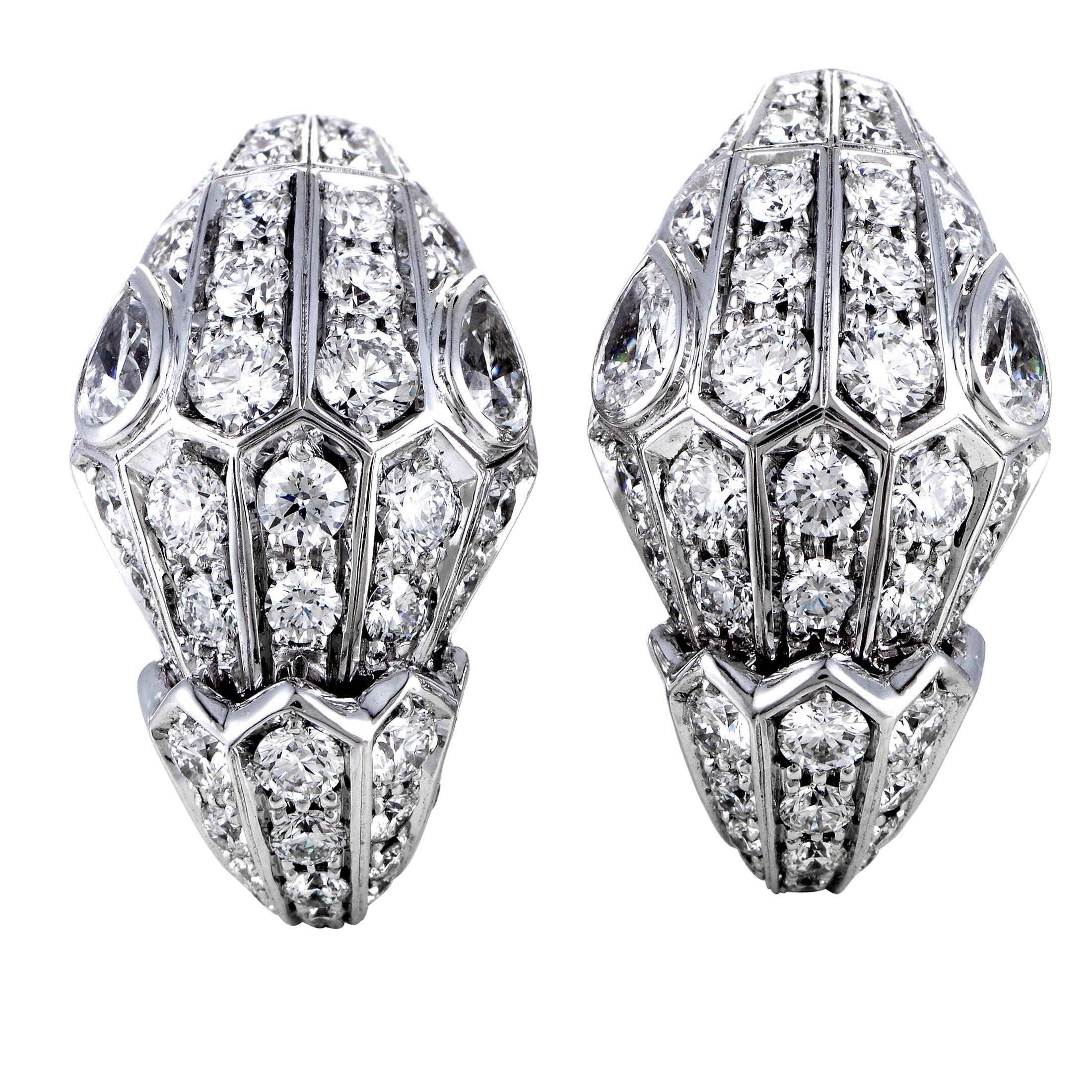 Bvlgari Serpenti 18 Karat White Gold Full Diamond Pave Huggie Earrings