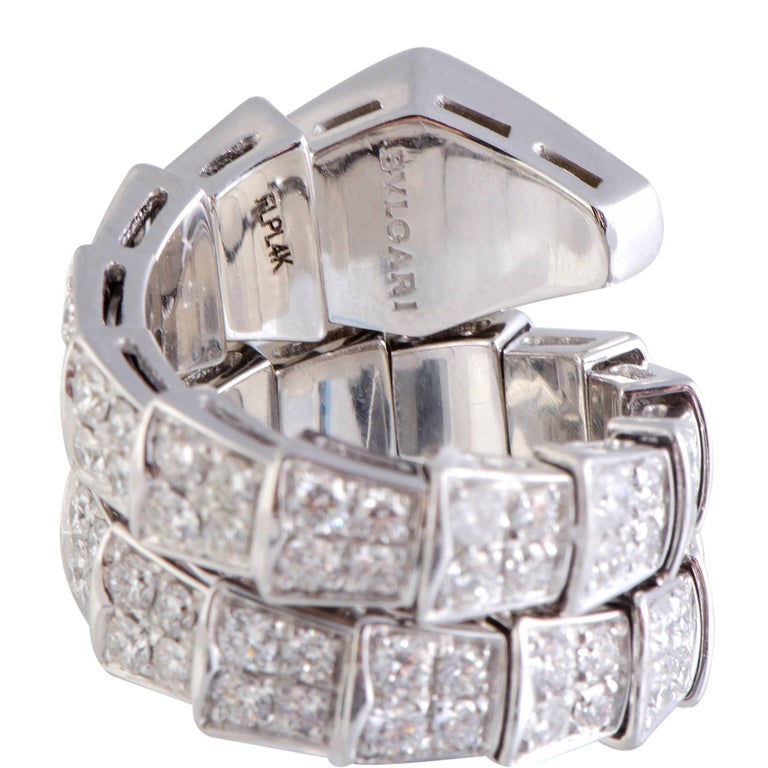 Bvlgari Serpenti 18 Karat White Gold Full Diamond Pave Snake Ring at