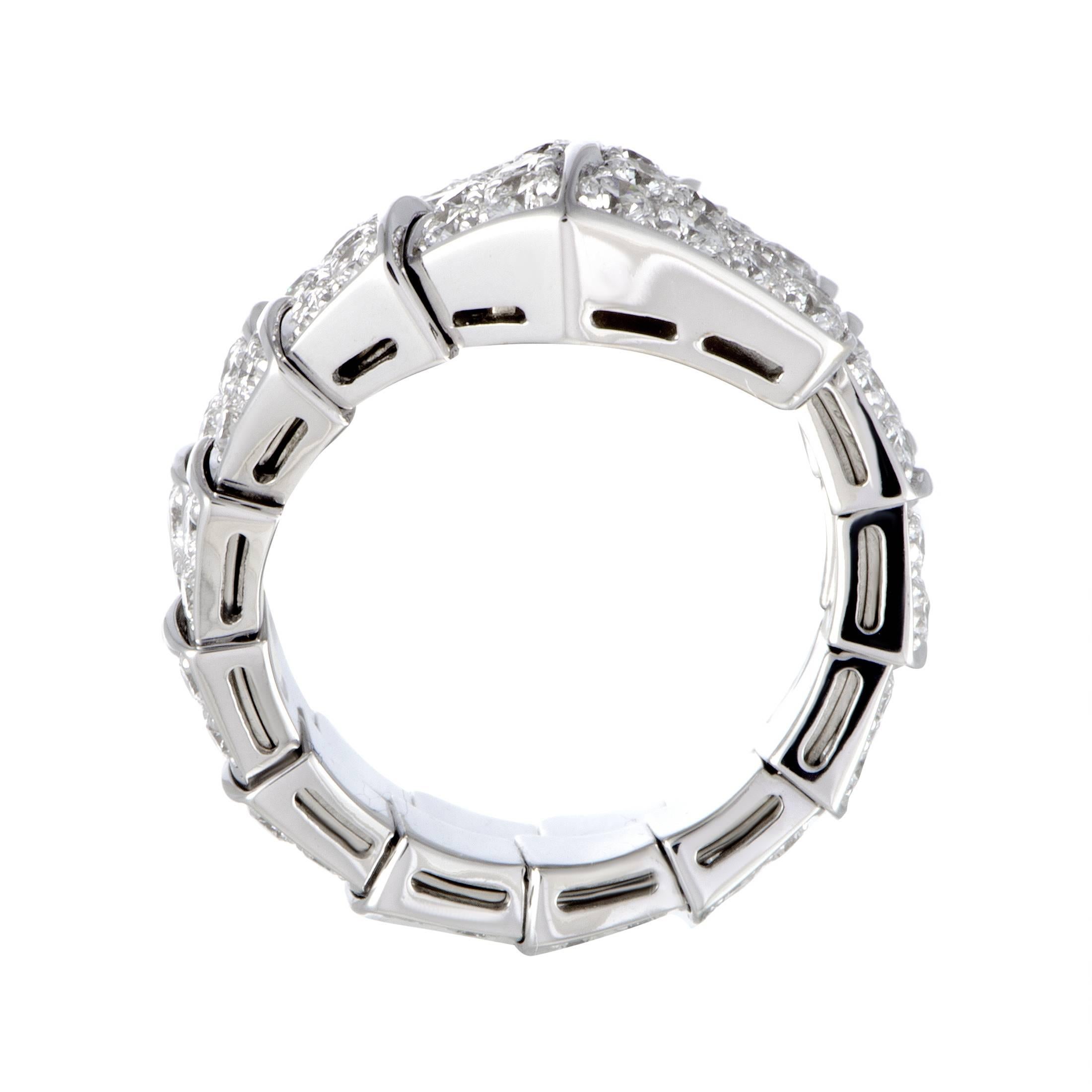 Gracefully coiling around your finger in an exceptionally lavish manner, this stunning Bvlgari ring adds a sublime touch of opulence to your attire. Presented within the fascinating “Serpenti” collection, the ring is made of 18K white gold and set