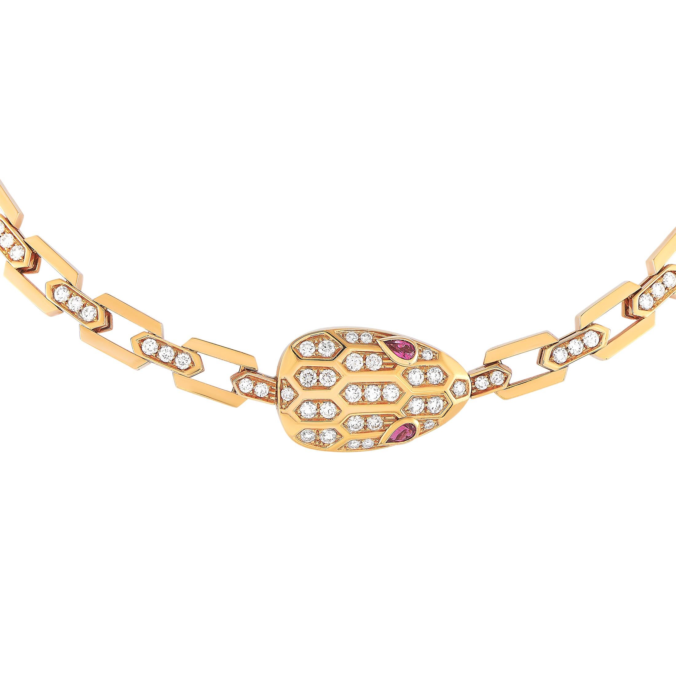 The Bvlgari “Serpenti” necklace is crafted from 18K rose gold and weighs 46.5 grams, measuring 15” in length. The necklace is embellished with diamonds that boast E color and VS clarity and amount to 3.31 carats.

This jewelry piece is offered in