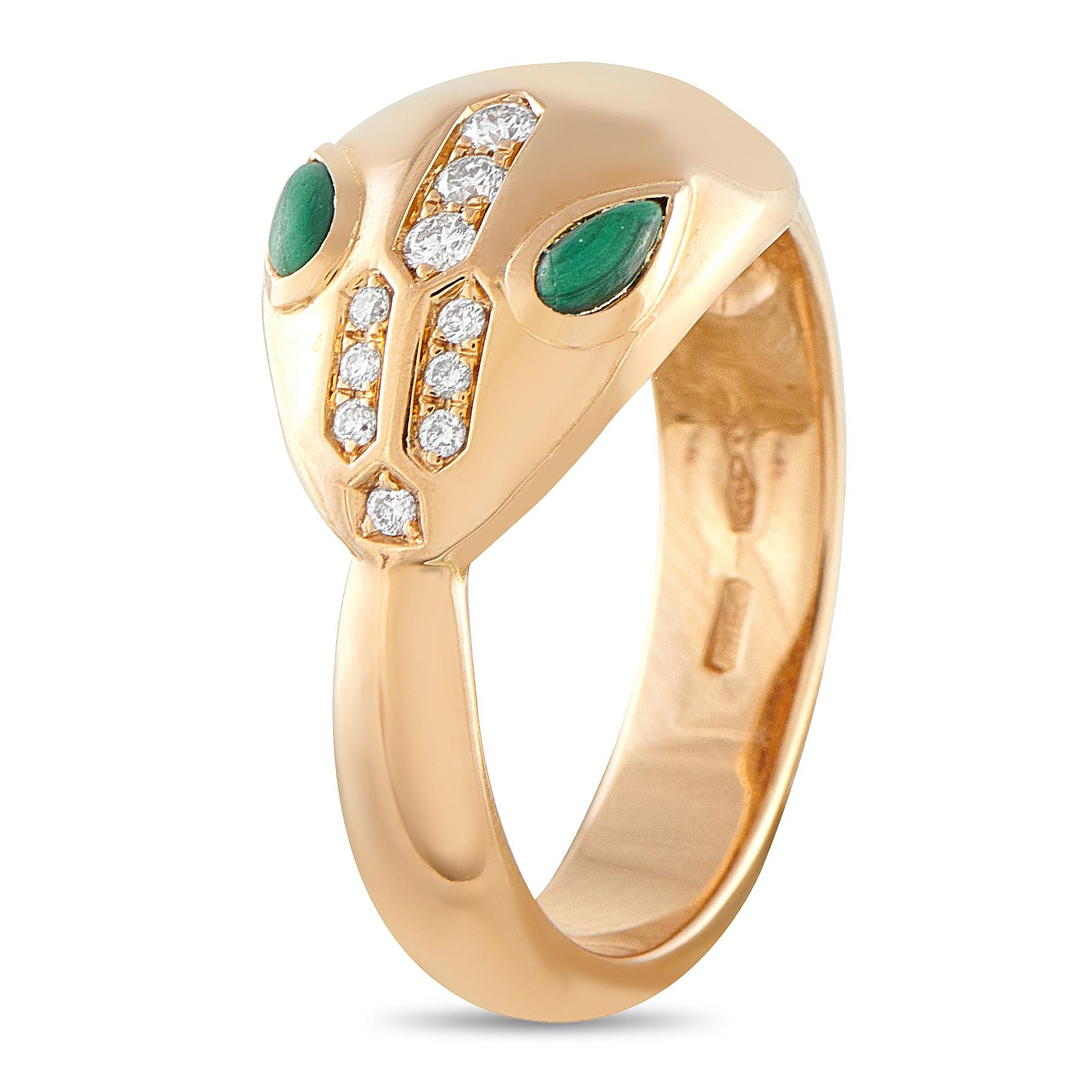 This Bvlgari Serpenti ring offers a clean, classic take on the brands iconic snake emblem. On this piece, a stylish snake's head design comes to life in lustrous 18K Rose Gold. Sparkling Diamond accents and green Malachite eyes make it an instantly