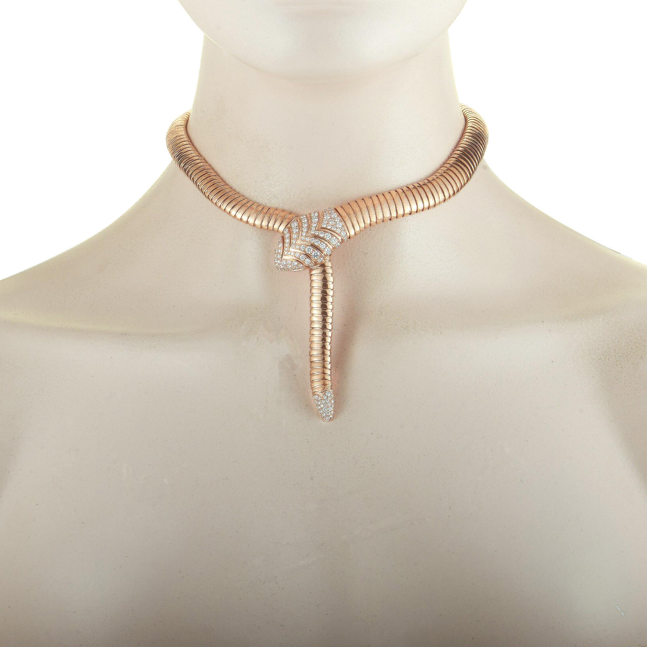 The Bvlgari “Serpenti” necklace is crafted from 18K rose gold and embellished with diamonds. The necklace weighs 135 grams and measures 18.50” in length.
 
 This jewelry piece is offered in brand new condition and includes the manufacturer’s box and