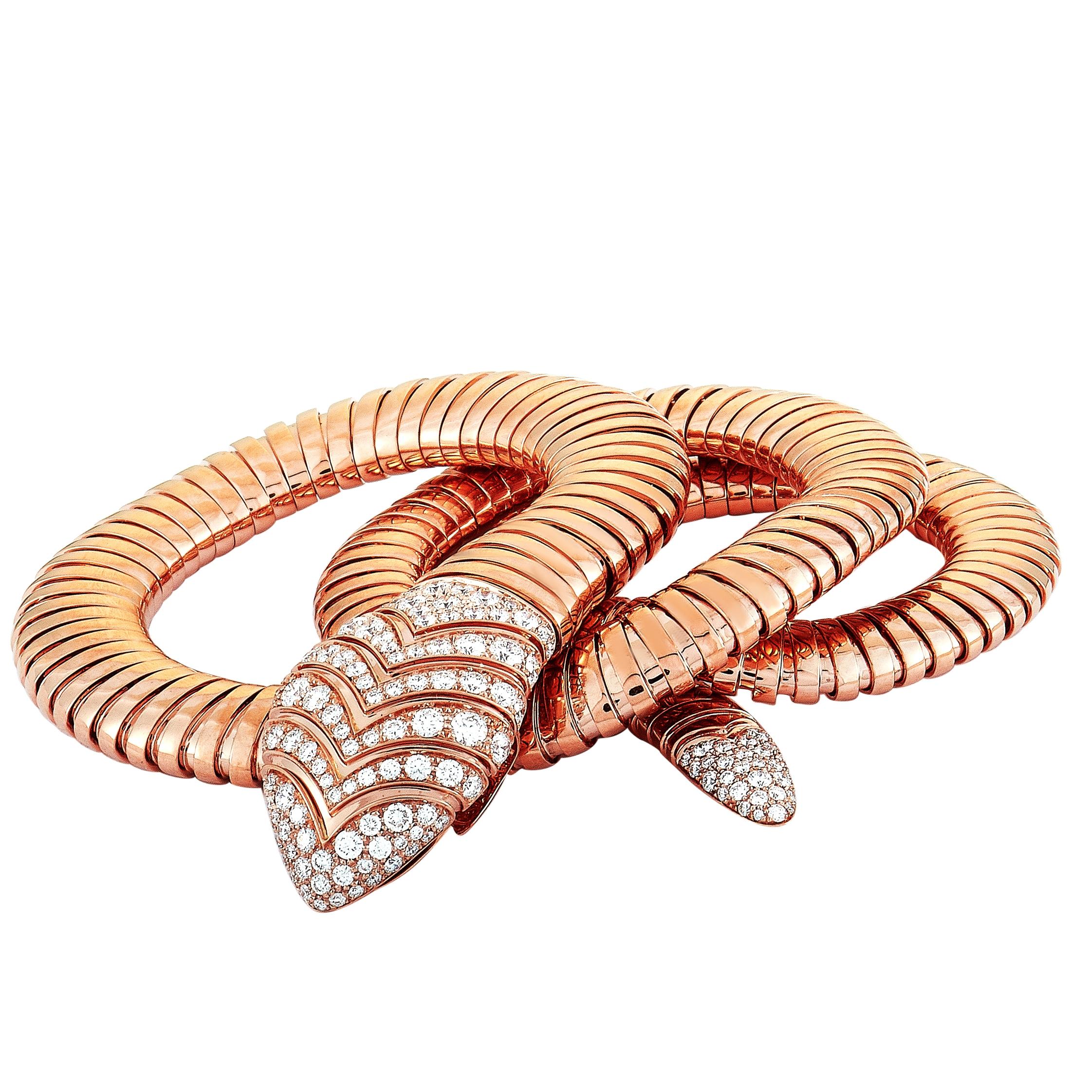 Round Cut Bvlgari Serpenti 18 Karat Rose Gold Diamond Snake Collar Necklace