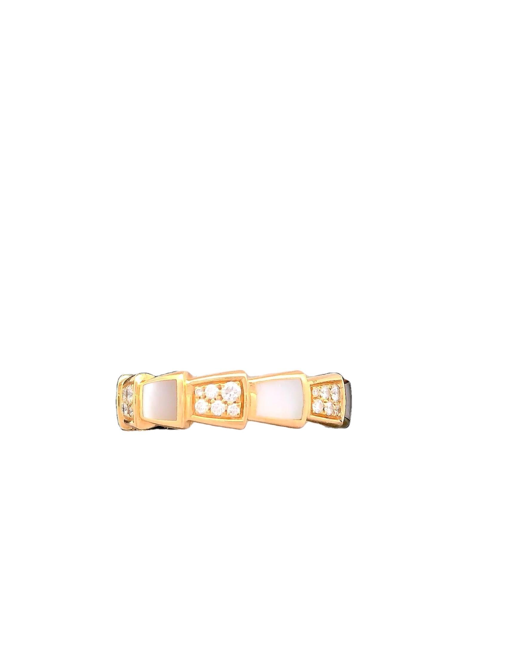Women's or Men's Bvlgari Serpenti 18K Rose Gold Ring W/ MOP & Diamond For Sale