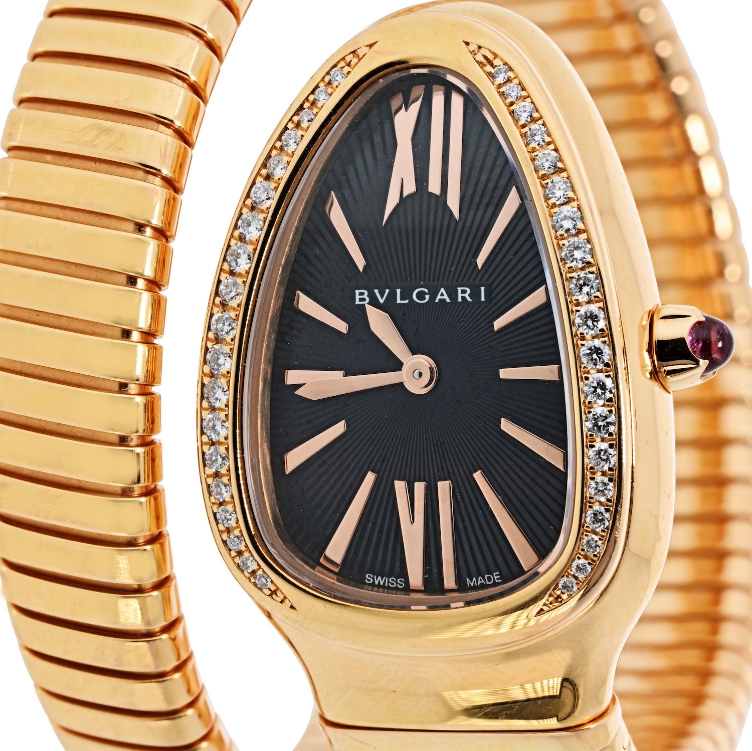 Bvlgari Serpenti 18K Oro Rosa SP P35G Esfera Negra Bisel Diamante Reloj Señora Moderno en venta