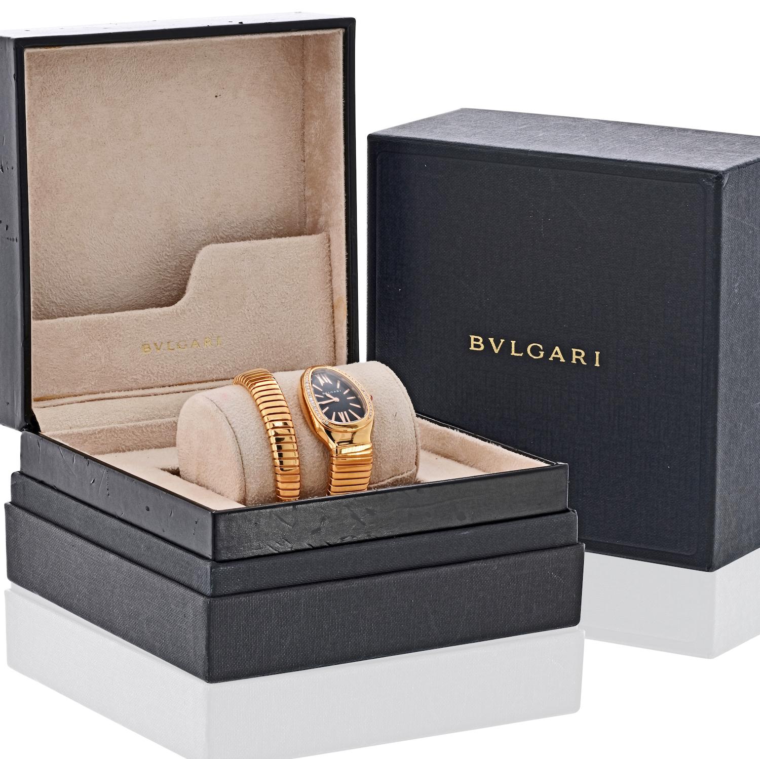Bvlgari Serpenti 18K Oro Rosa SP P35G Esfera Negra Bisel Diamante Reloj Señora en Excelente estado para la venta en New York, NY