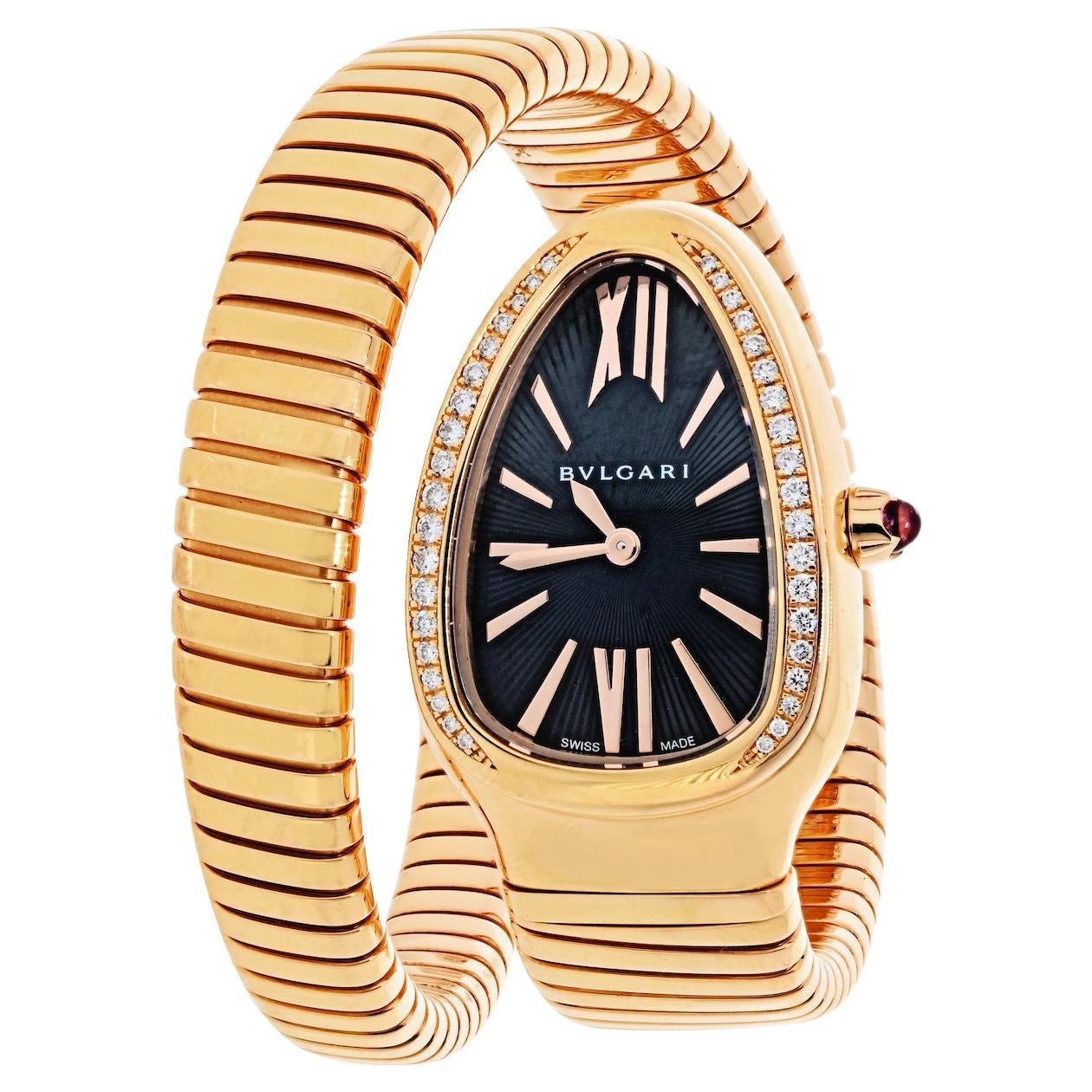 Bvlgari Serpenti 18K Rose Gold SP P35G Black Dial Diamond Bezel Ladies Watch