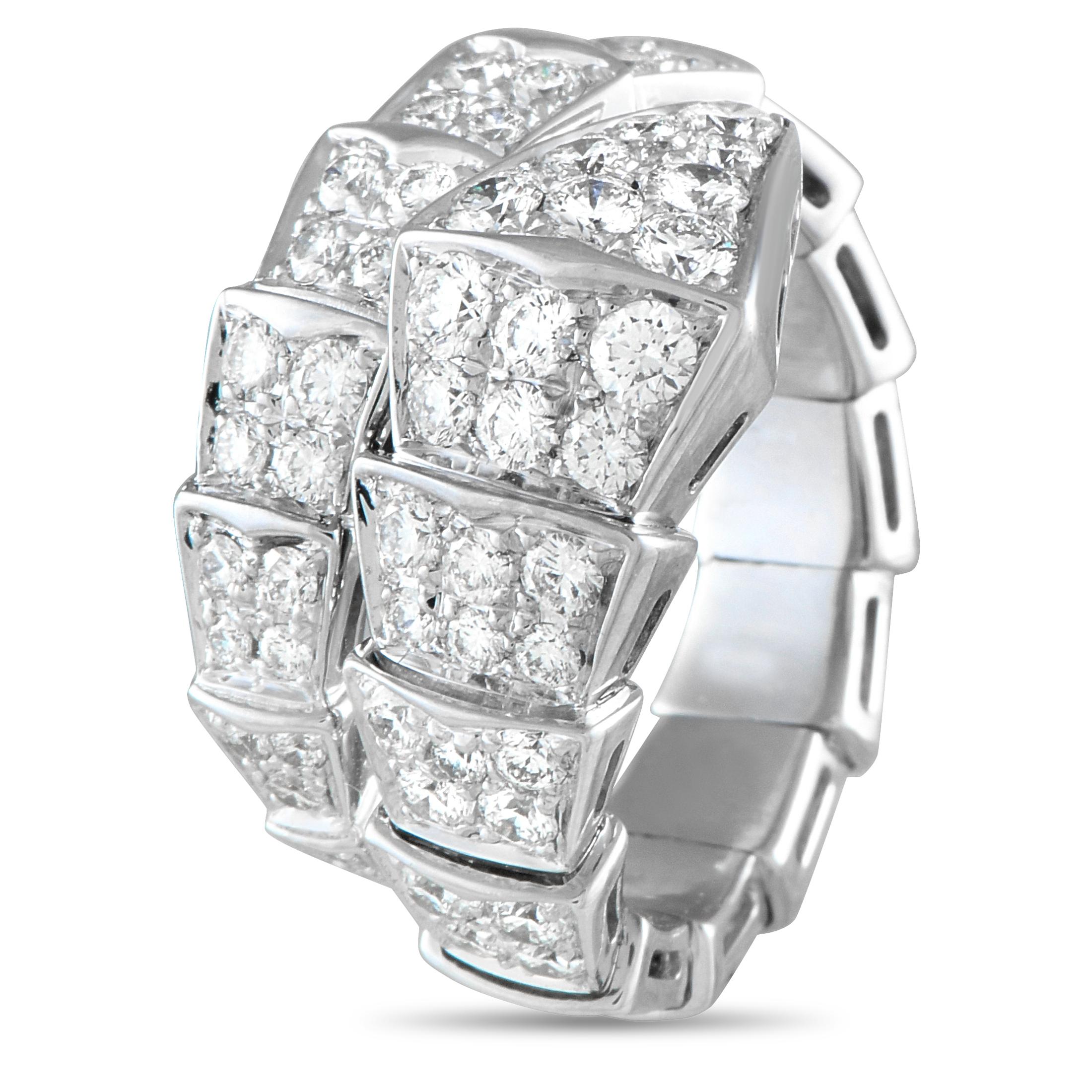 This 18K White Gold Bvlgari Serpenti ring resembles a snake - an emblem of wisdom, rebirth, and vitality. Diamonds with a total weight of 1.89 carats make a scintillating statement on this design, which seemingly wraps around the finger. It measures