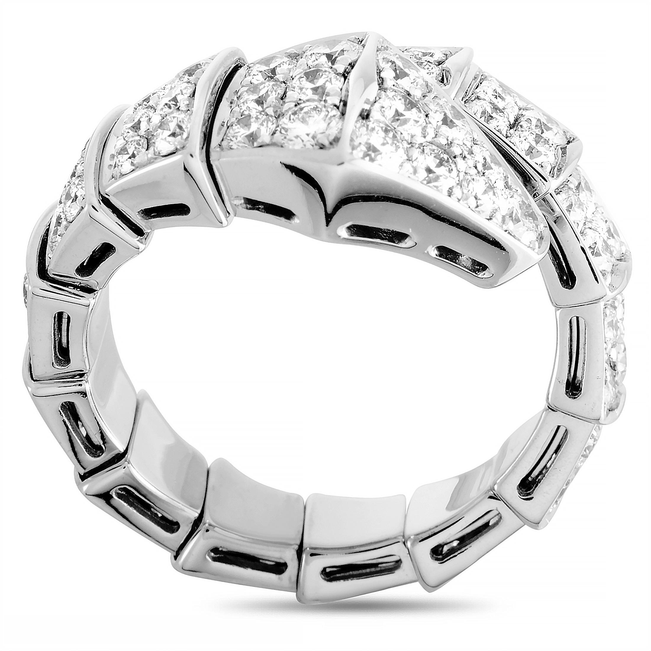 The Bvlgari “Serpenti” ring is made out of 18K white gold and diamonds and weighs 8.7 grams. The ring boasts band thickness of 5 mm and top height of 5 mm, while top dimensions measure 13 by 20 mm.