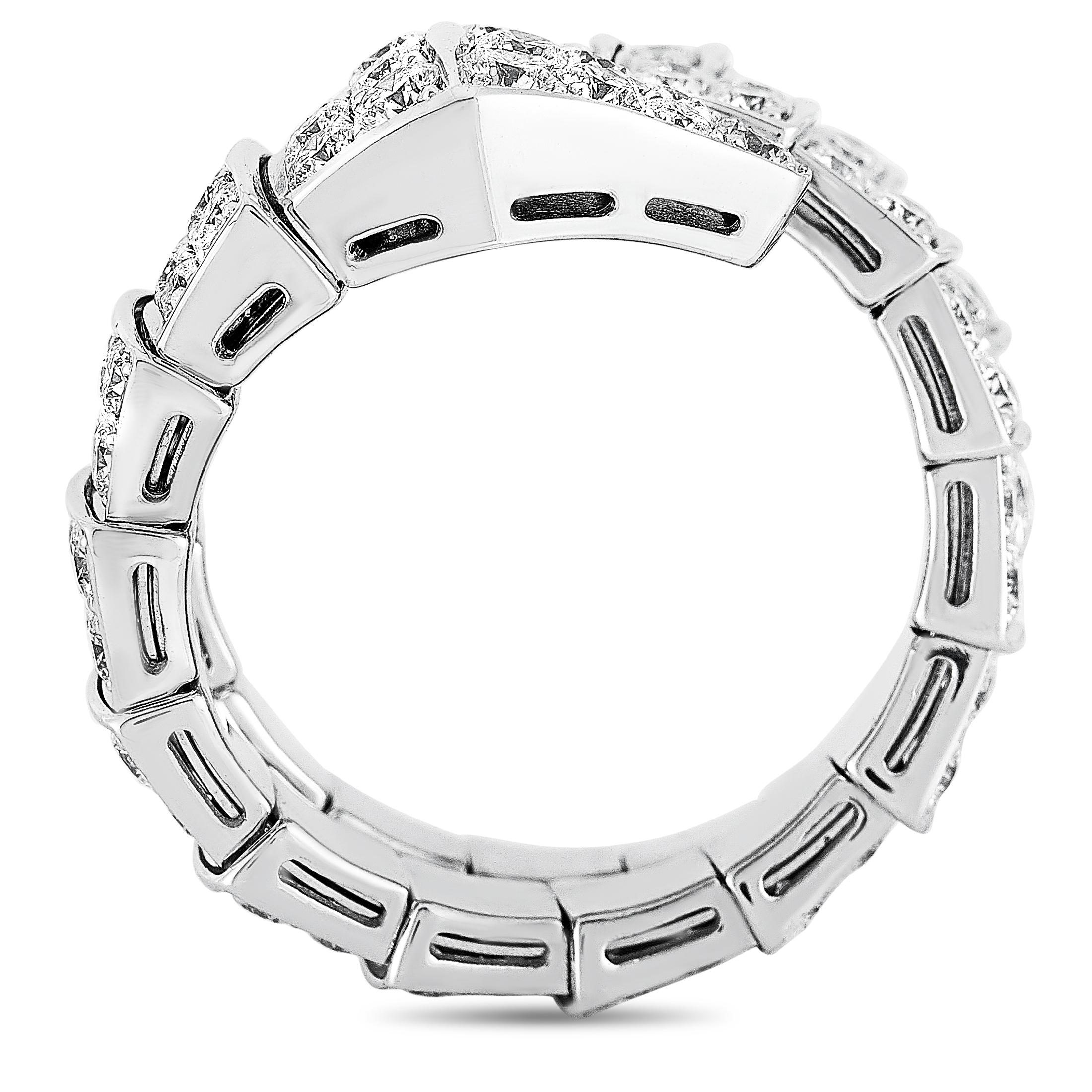 The Bvlgari “Serpenti Viper” ring is crafted from 18K white gold and embellished with two rows of diamonds. The ring boasts band thickness of 10 mm and top height of 4 mm. Size Medium

This jewelry piece is offered in brand new condition and