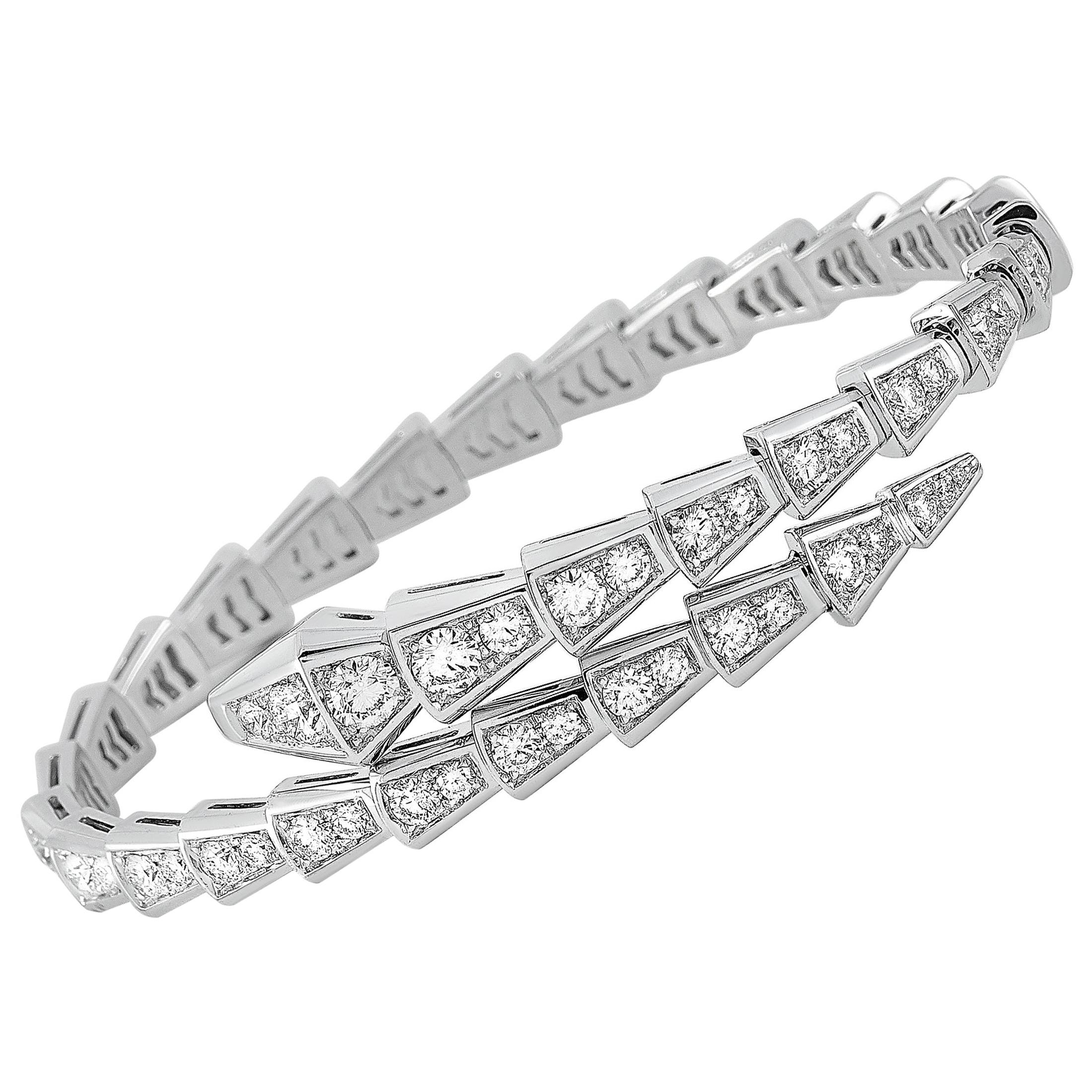 Bvlgari Serpenti 18K White Gold Full Diamond Pave Bangle Bracelet Size Medium