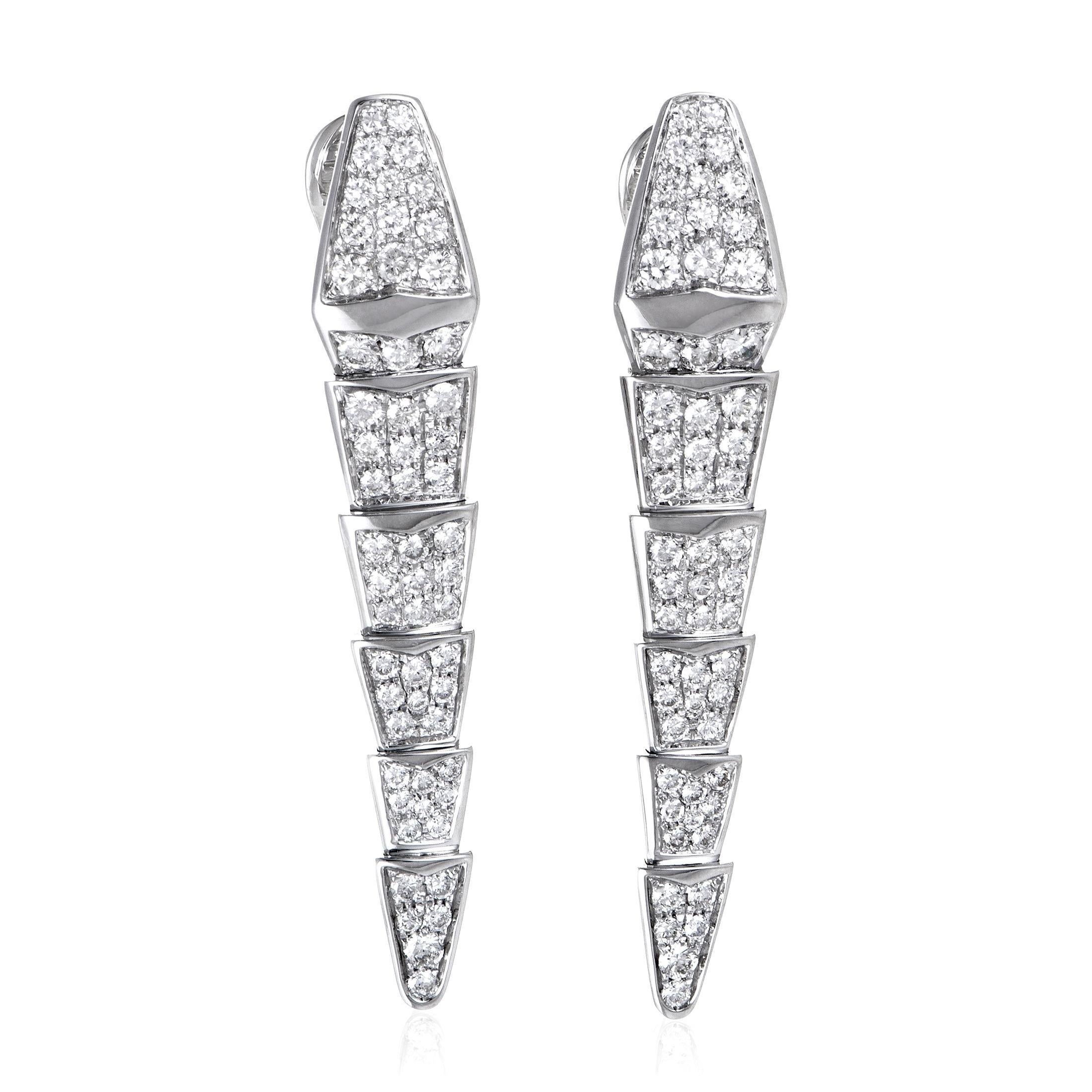 Round Cut Bvlgari Serpenti 18K White Gold Full Diamond Pave Earrings