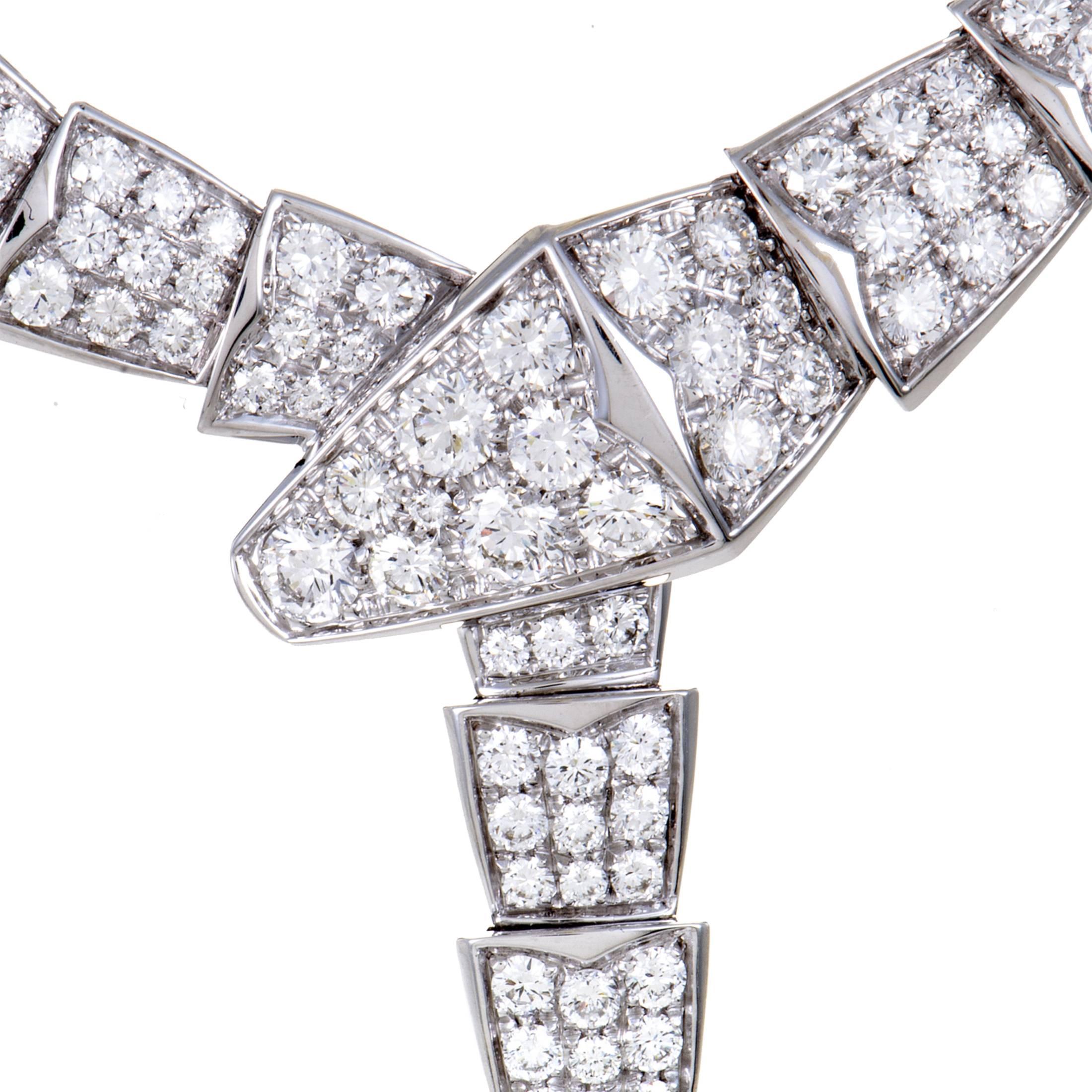 A brilliant full diamond pave is the hallmark of this extremely decadent and necklace from Bvlgari. Made from shining 18K white gold and set with a full pave of glistening white diamonds, this necklace is sure to stun all who behold it's splendor. 