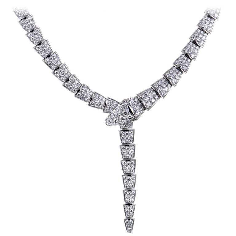Bvlgari Serpenti 18k White Gold Full Diamond Pave Necklace at