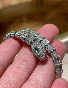 Bvlgari Serpenti 18K White Gold Two-Coil Pavé Diamond Emerald Bracelet Size M