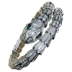 Bvlgari Serpenti 18K White Gold Two-Coil Pavé Diamond Emerald Bracelet Size M