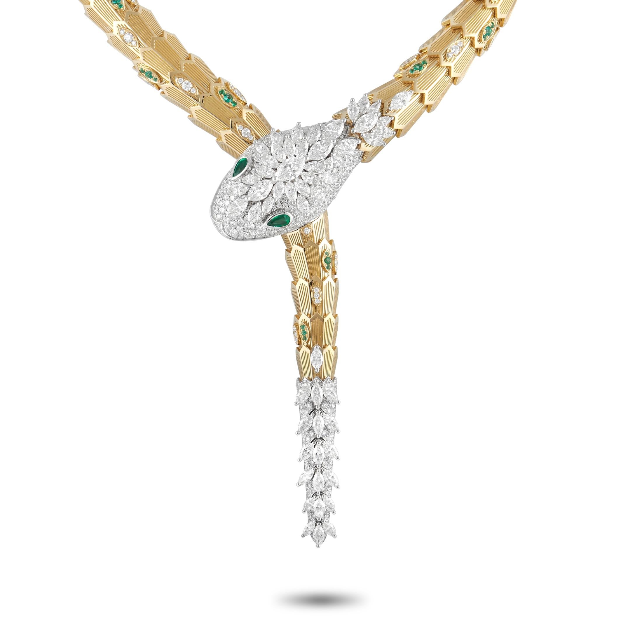This exquisite, expertly crafted Bvlgari Serpenti necklace is designed for any woman who never wants to fade into the background. Crafted from 18K Yellow Gold, this piece comes alike thanks to glittering diamonds totaling 19.95 carats. Dazzling