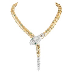 Bvlgari Serpenti 18K Yellow Gold 19.95 Ct Diamond and 2.72 Ct Emerald Necklace