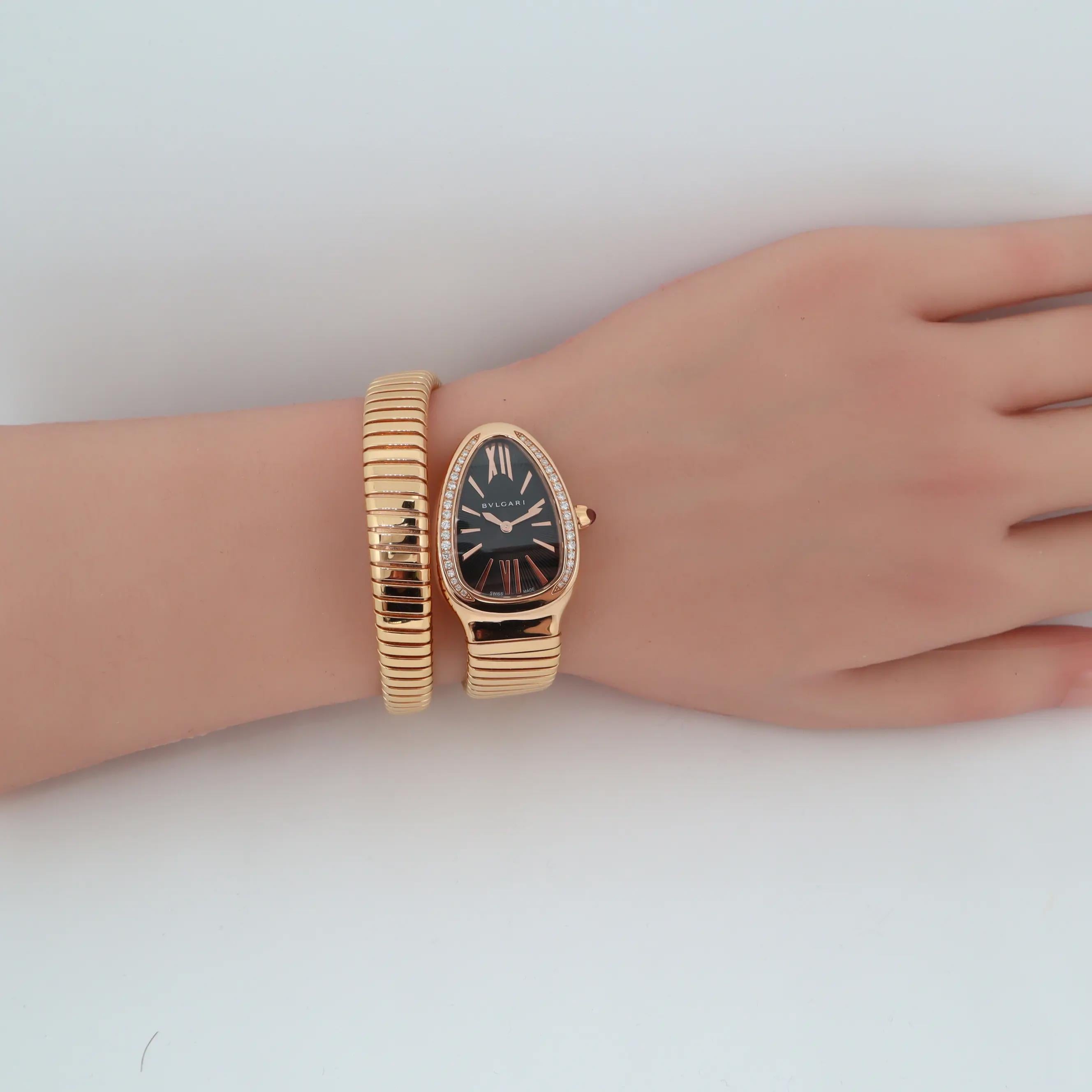 Bvlgari Serpenti Or jaune 18K Diamants Cadran noir Montre Femme SP P 35 G Excellent état à New York, NY