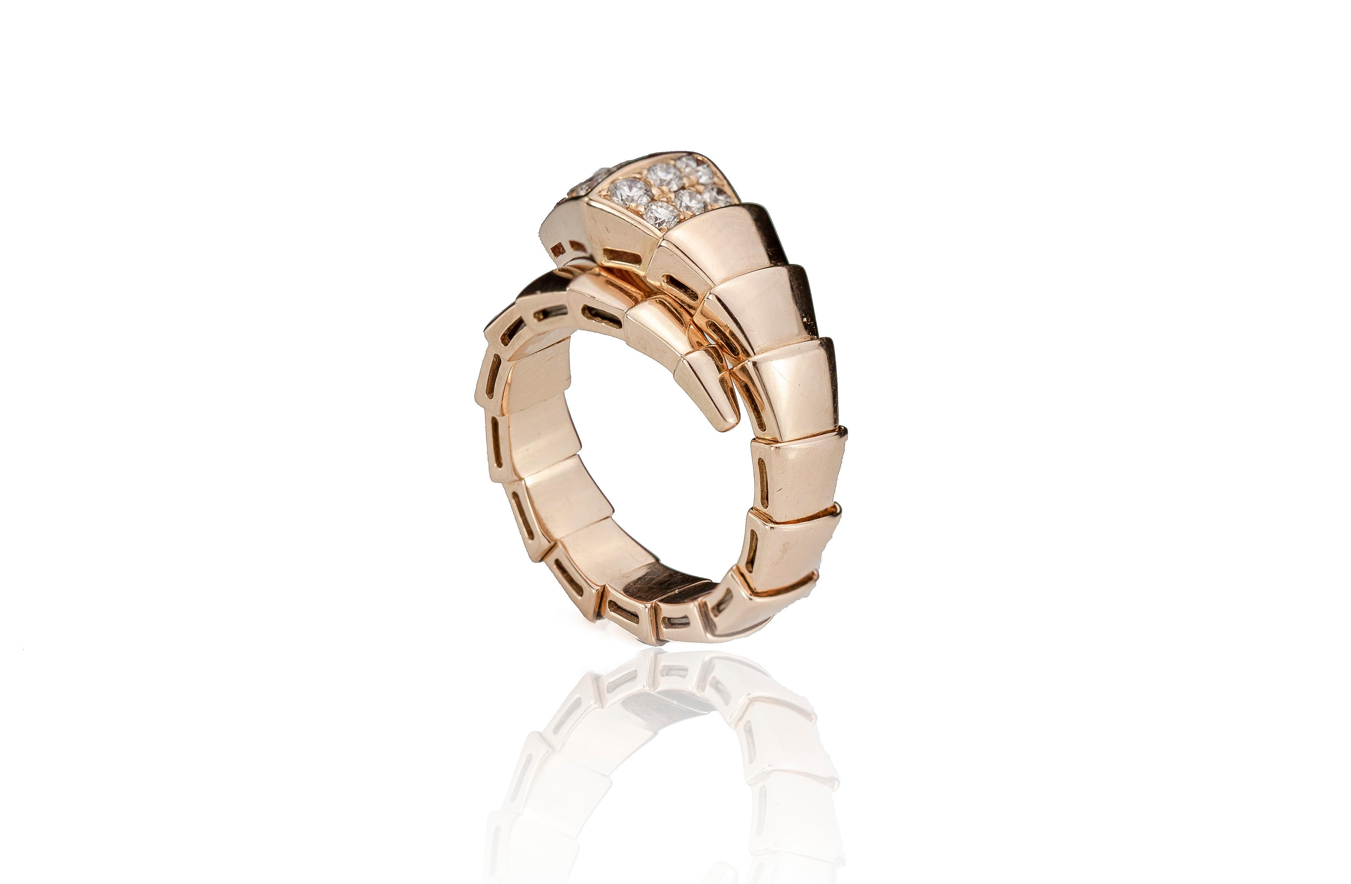 Bvlgari Serpenti 18kt pink gold ring with diamonds.
Designer: Bvlgari
Made in Italy
Fully hallmarked.

Bvlgari Serpenti jewellery designs are a tribute to their spirit animal – the serpent. Infused with elements of sensuality and femininity, these