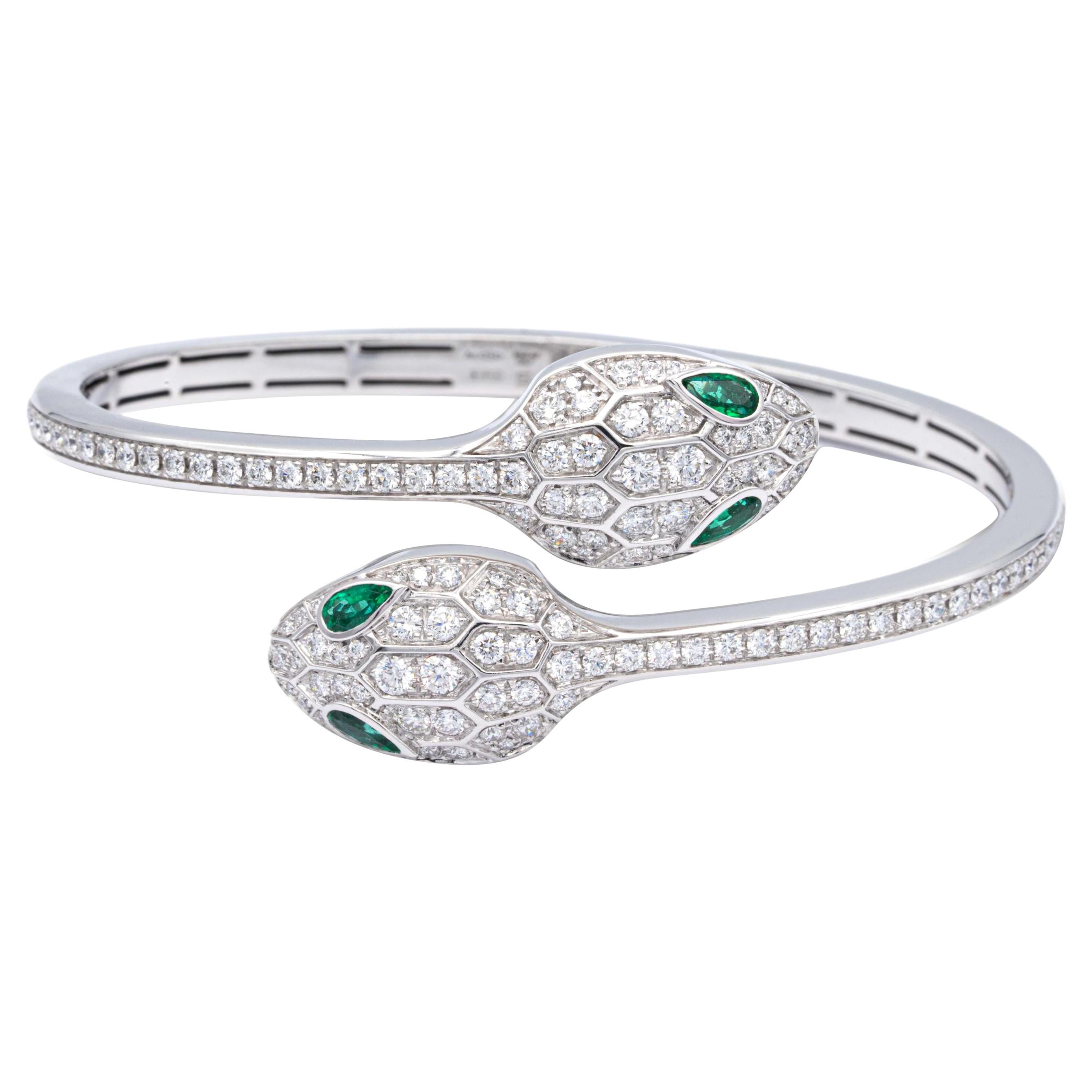 Bvlgari Serpenti Diamond Bangle Bracelet 1.66 Ct Emerald Eyes 18K Small