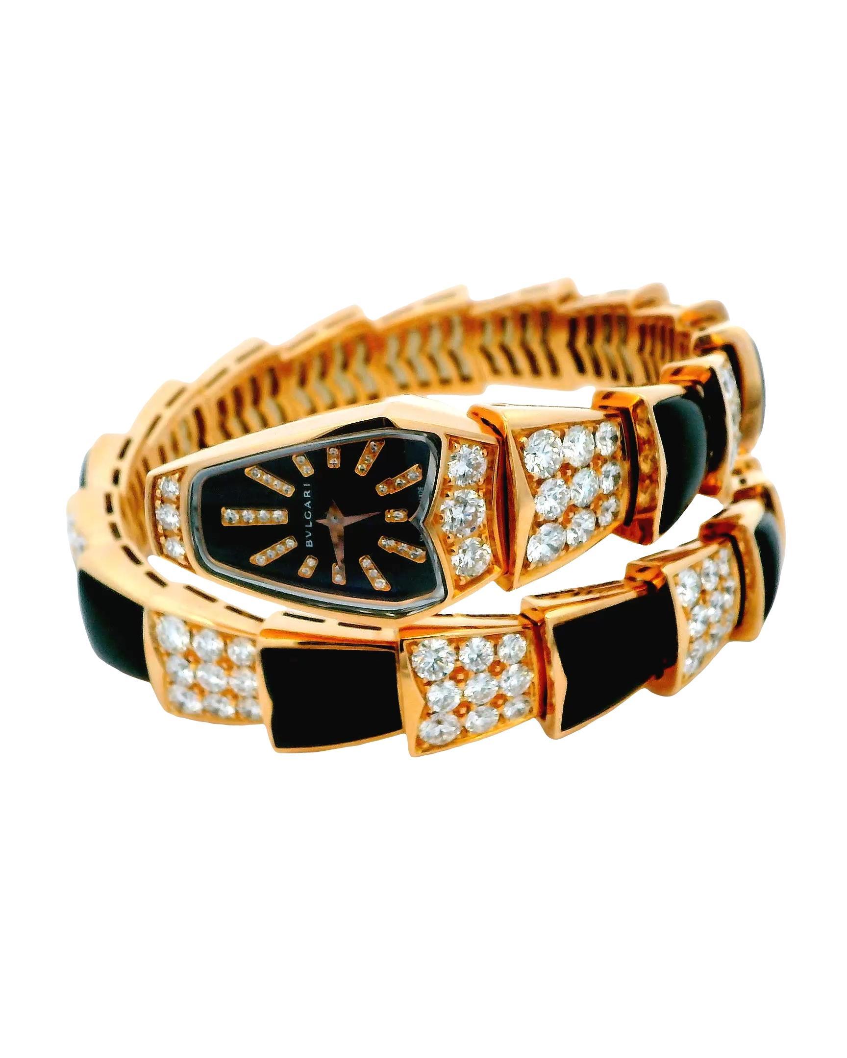 Bvlgari Serpenti Diamond Onyx Orologio al quarzo con carta di credito In condizioni buone in vendita a Great Neck Plaza, NY