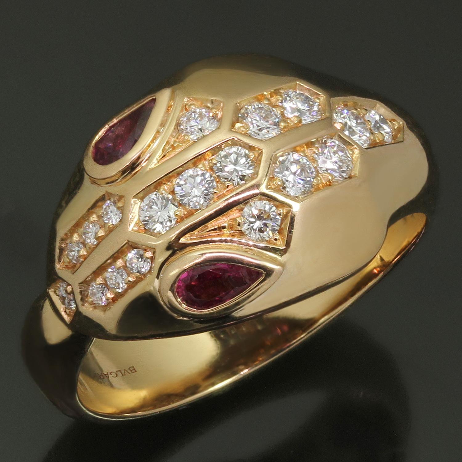 This stunning Bvlgari ring from the iconic Serpenti collection is crafted in 18k rose gold, set with a pair of rubellite eyes and pave-set with round brilliant E-F-G VVS2-VS1 diamonds. Made in Italy circa 2016. Measurements: 0.66