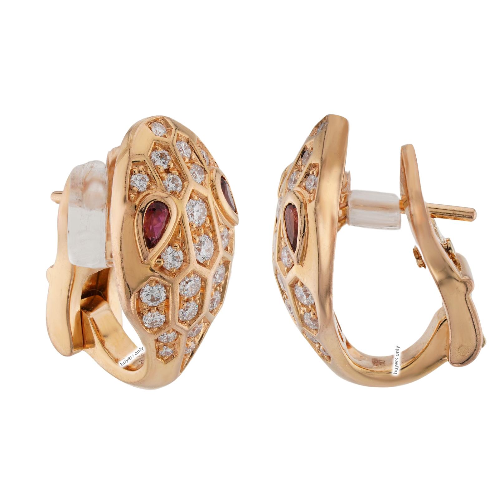 BVLGARI Serpenti Diamond Rubellite Rose Gold Wrap Earrings In Excellent Condition In New York, NY