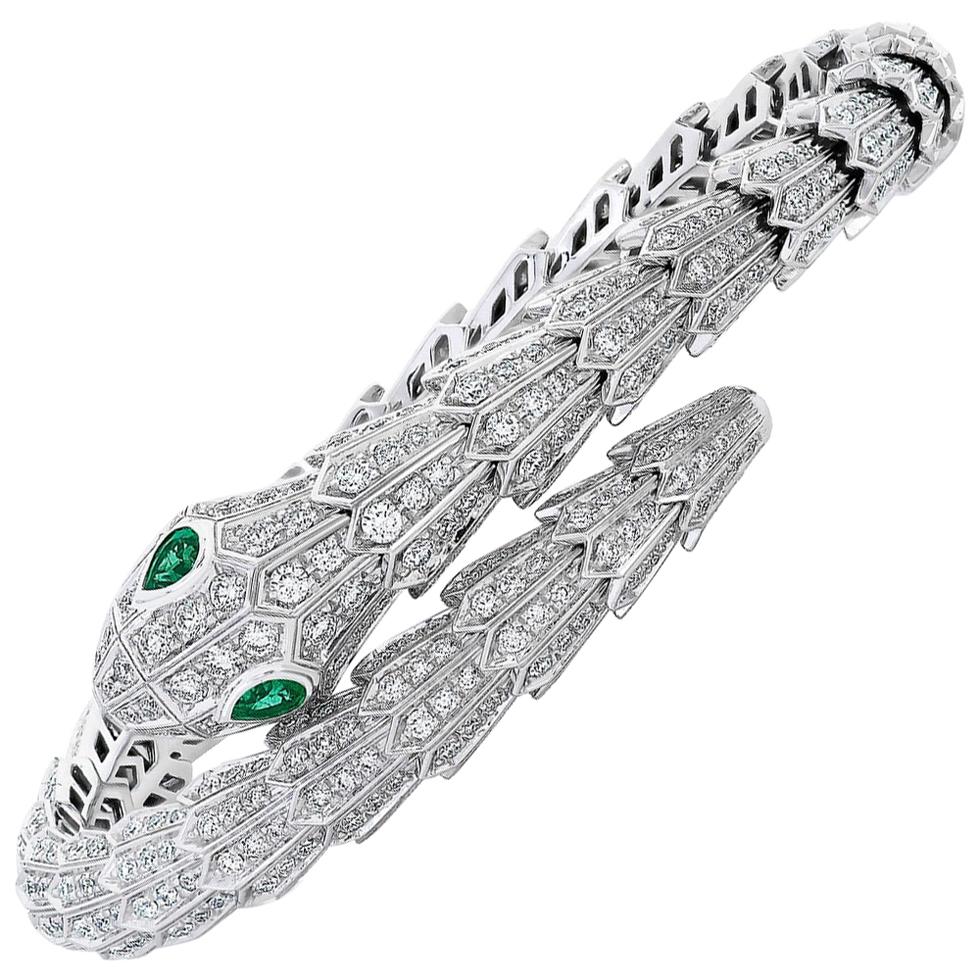 Bulgari Serpenti Diamond Snake Bangle Bracelet with Emerald Eyes in 18kw Gold