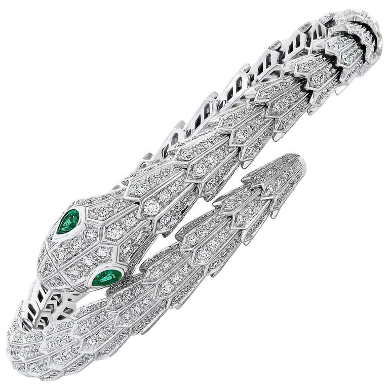 Bulgari Serpenti Diamond Snake Bangle Bracelet with Emerald Eyes in 18kw Gold For Sale at