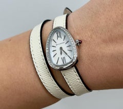 Bvlgari Serpenti Diamond Watch with Double Spiral White Karung Strap Box Papers