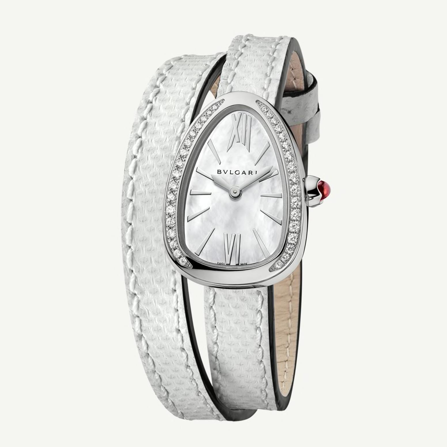 Contemporary Bvlgari Serpenti Diamond Watch with Double Spiral White Karung Strap Box Papers