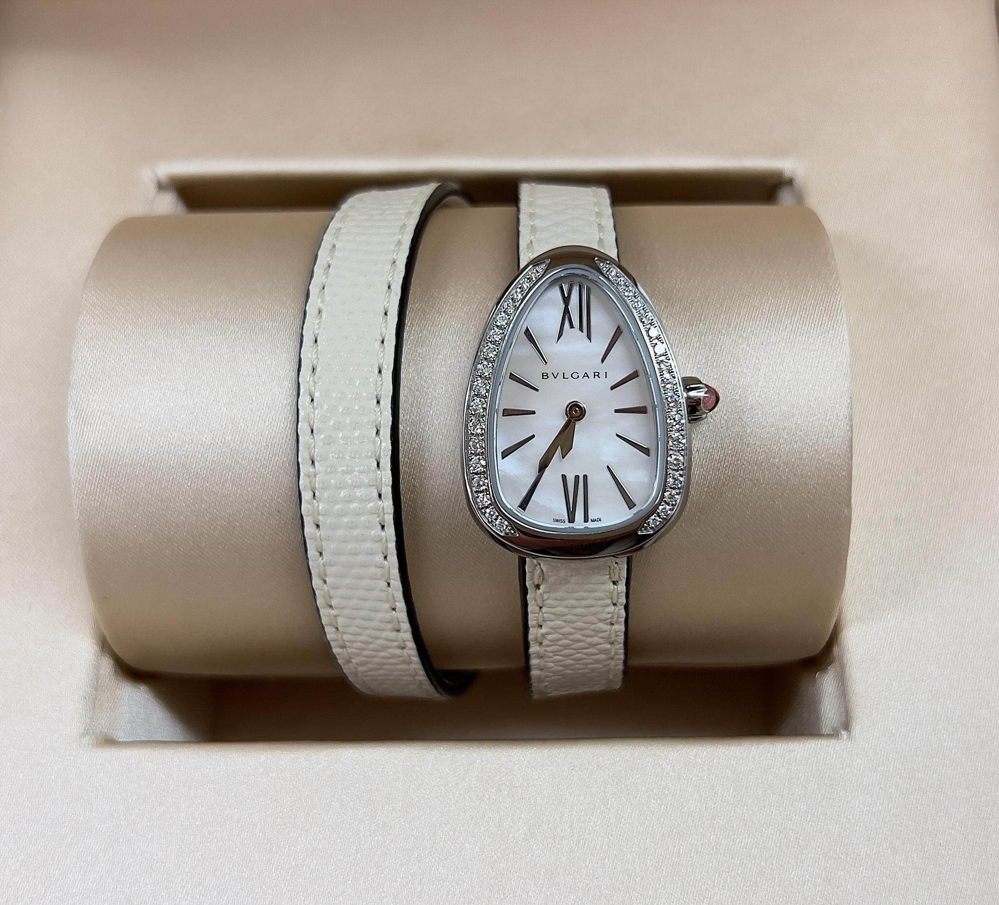 Women's Bvlgari Serpenti Diamond Watch with Double Spiral White Karung Strap Box Papers