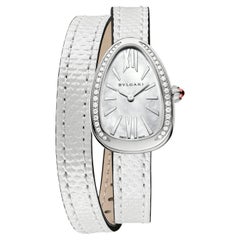 Bvlgari Serpenti Diamond Watch with Double Spiral White Karung Strap Box Papers