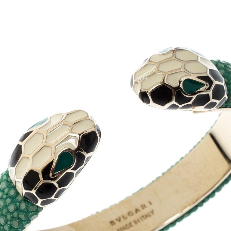 Bvlgari Serpenti Enamel Green Galuchat Skin Gold Leather Open Cuff Bracelet  For Sale at 1stDibs
