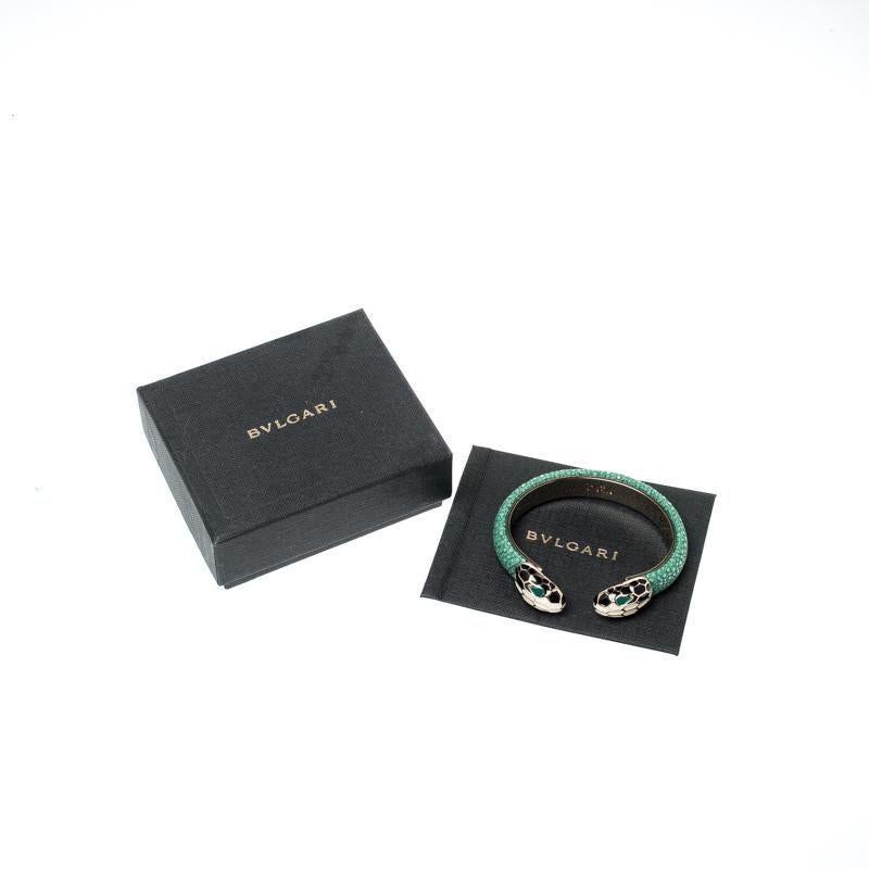 Bvlgari Serpenti Emaille Grüne Galuchat-Kleidung Gold  Leder-Armband mit offener Manschette 2