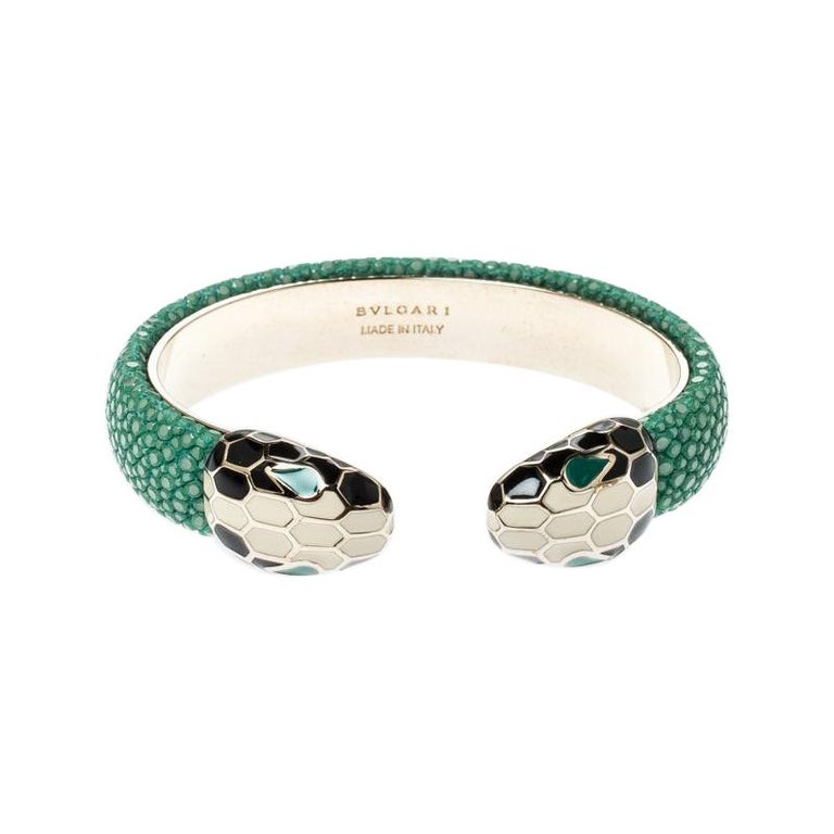 Bvlgari Serpenti Enamel Green Galuchat Skin Gold Leather Open Cuff