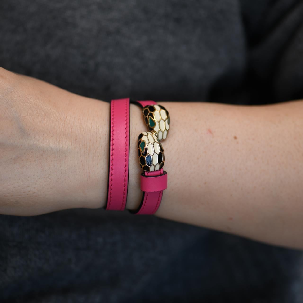 Bvlgari Serpenti Forever Enamel Bright Pink Leather Bracelet Size M In Excellent Condition In Banbury, GB