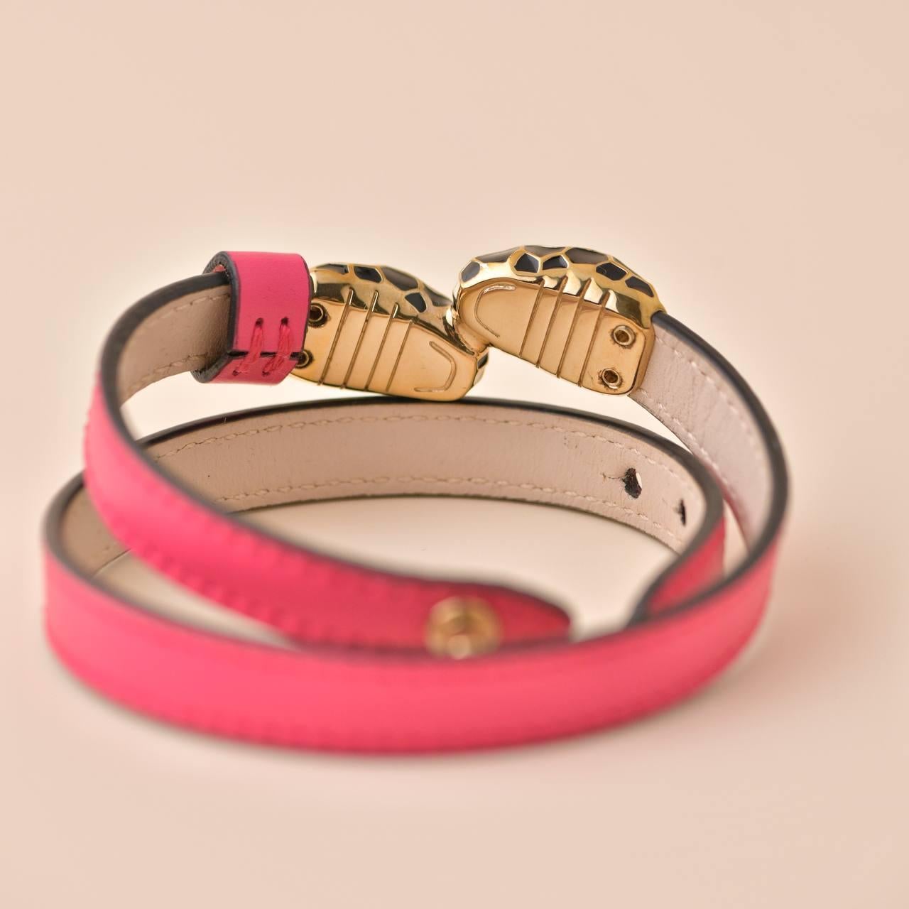 Women's or Men's Bvlgari Serpenti Forever Enamel Bright Pink Leather Bracelet Size M