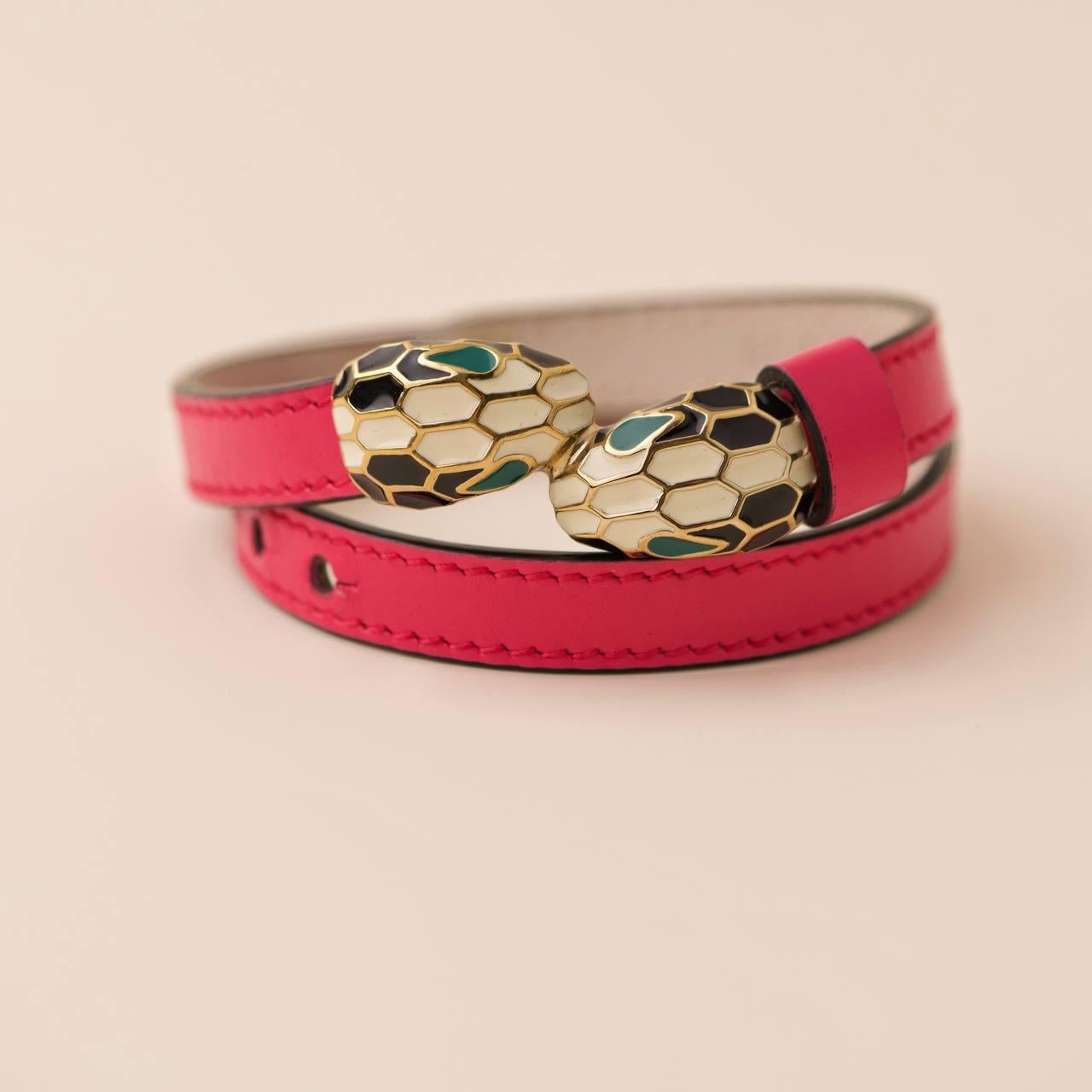 Bvlgari Serpenti Forever Enamel Bright Pink Leather Bracelet Size M 1