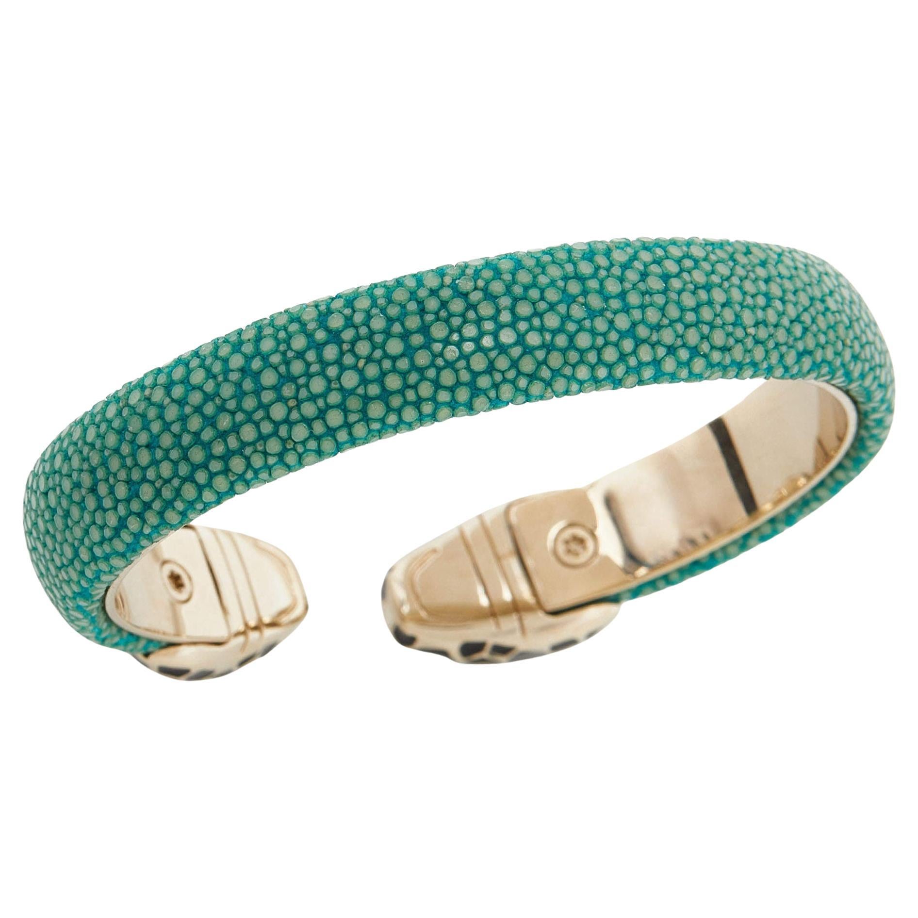 Bvlgari Serpenti Forever Enamel Green Galuchat Leather Gold Plated Open Cuff