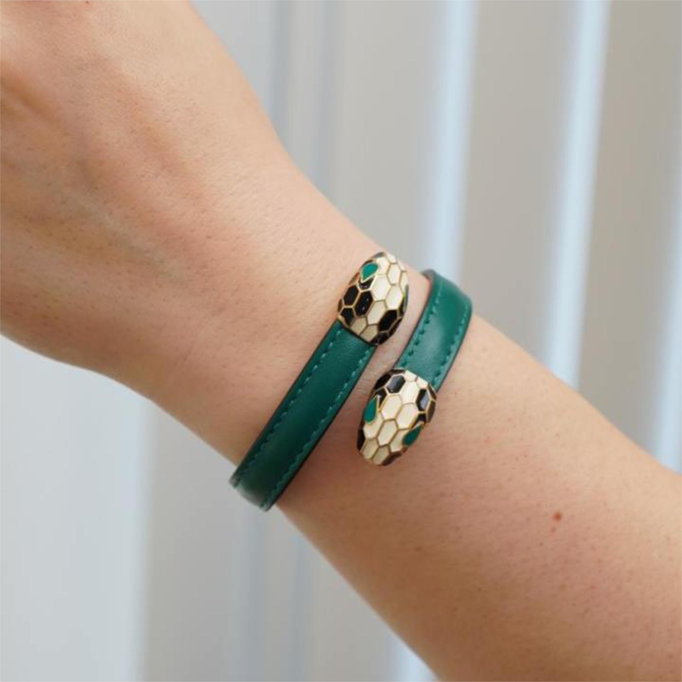 Brilliant Cut Bvlgari Serpenti Forever Enamel Green Leather Bracelet Size M