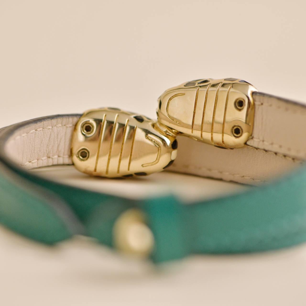 Women's or Men's Bvlgari Serpenti Forever Enamel Green Leather Bracelet Size M