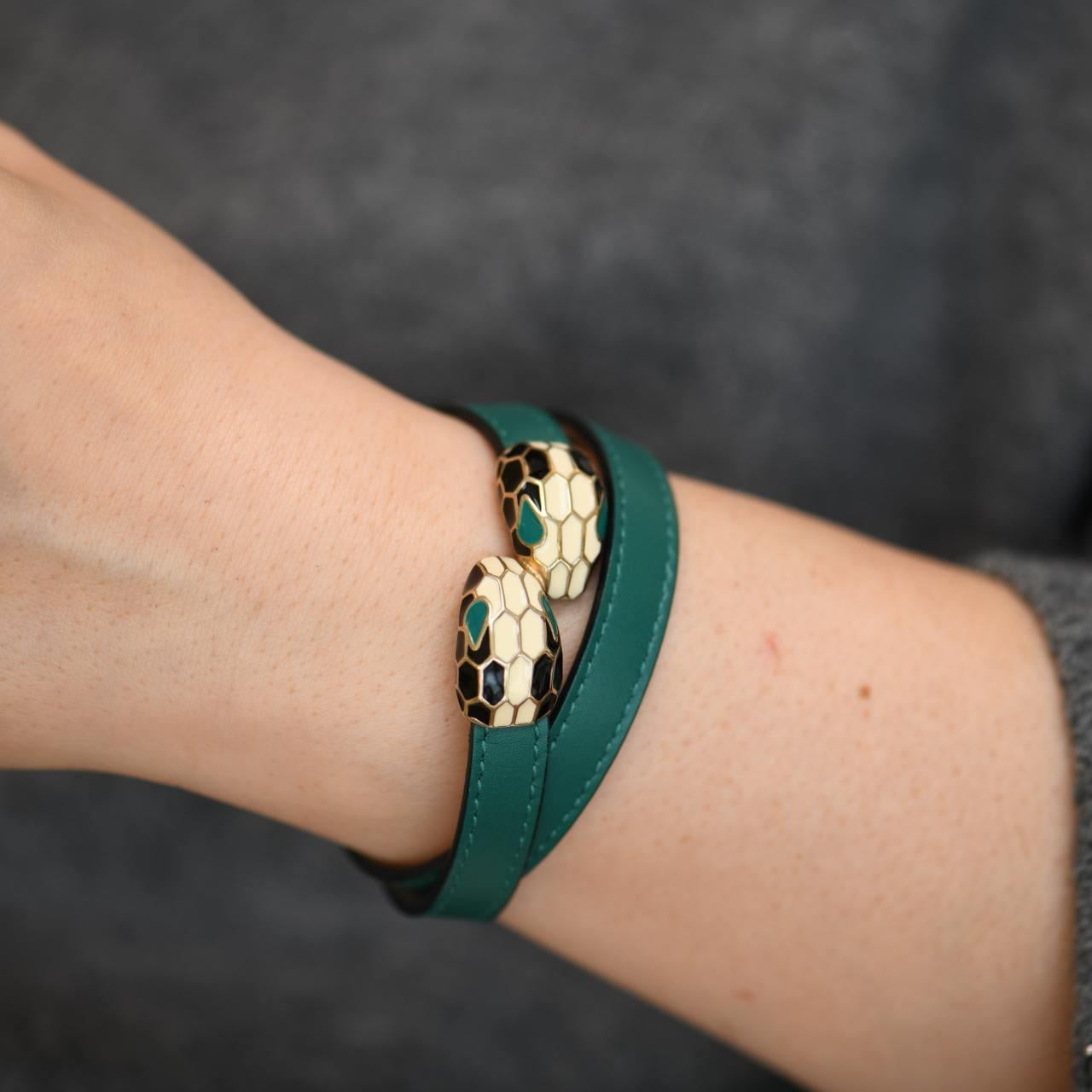 Bvlgari Serpenti Forever Enamel Green Leather Bracelet Size M In Excellent Condition In Banbury, GB
