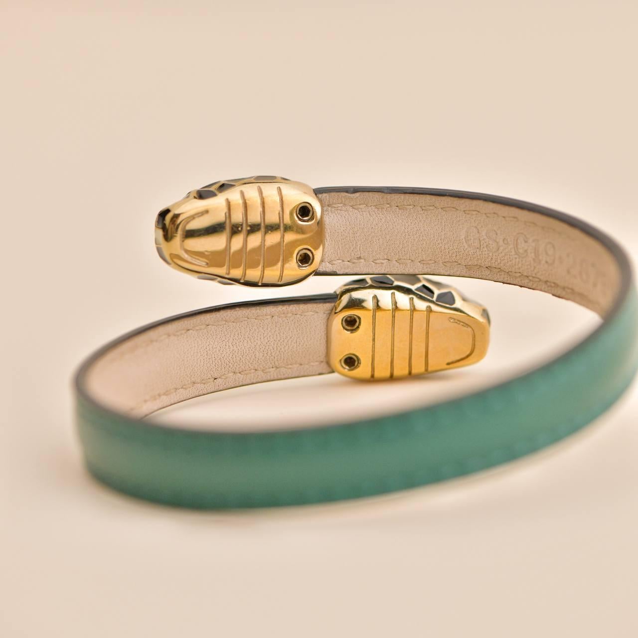 Bvlgari Serpenti Forever Enamel Green Leather Bracelet Size M In Excellent Condition In Banbury, GB