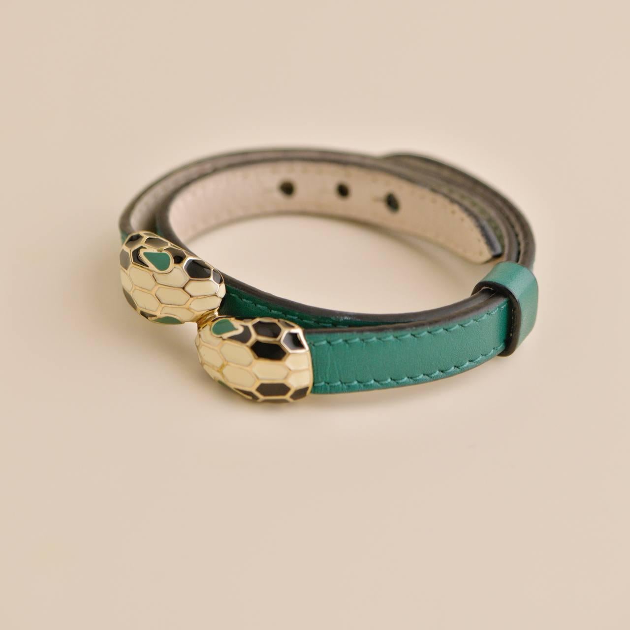 Bvlgari Serpenti Forever Enamel Green Leather Bracelet Size M 1