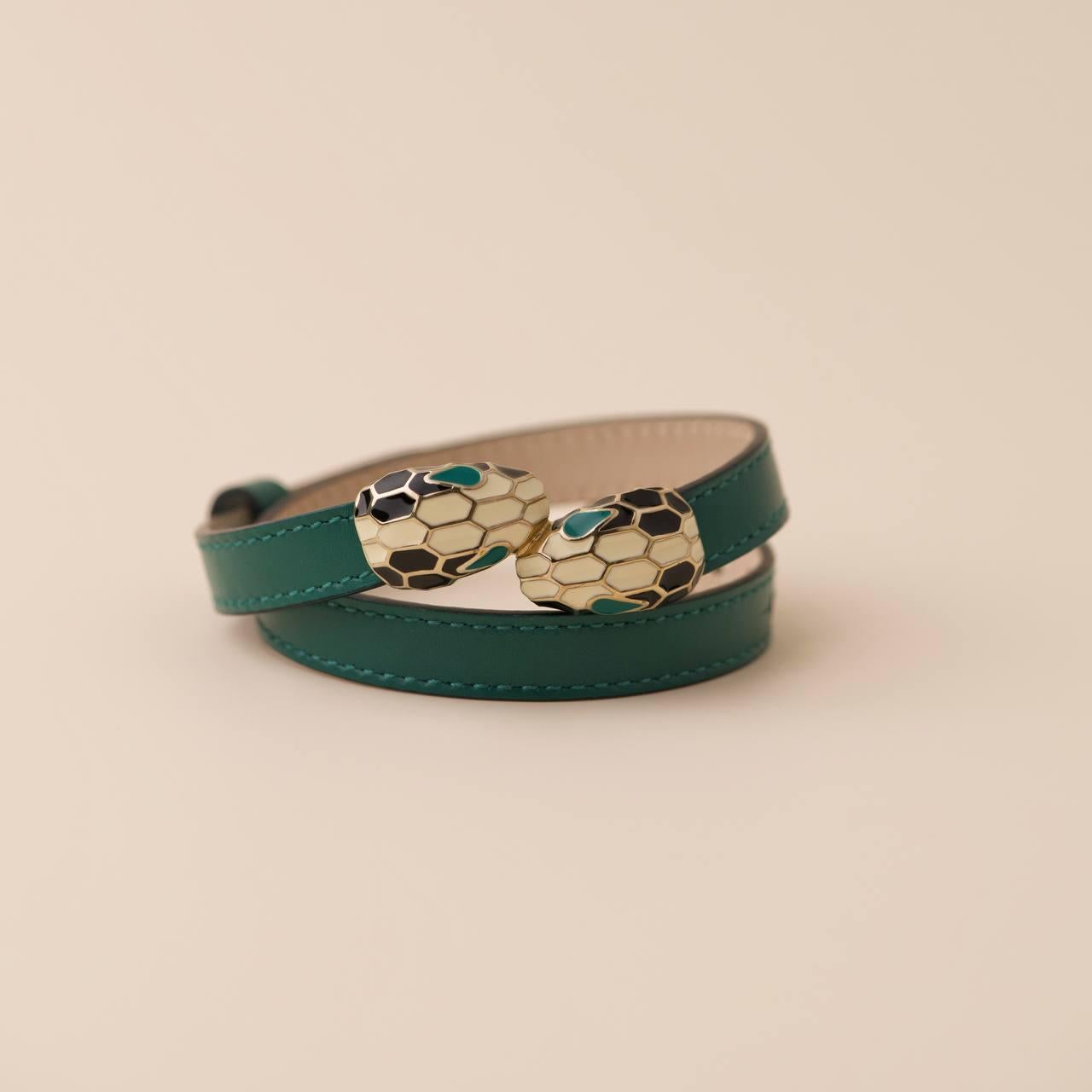 Women's or Men's Bvlgari Serpenti Forever Enamel Green Leather Bracelet Size M