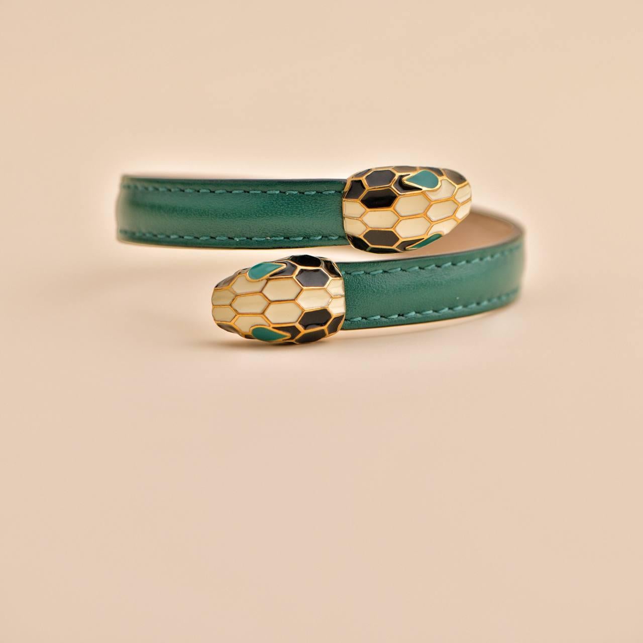 Women's or Men's Bvlgari Serpenti Forever Enamel Green Leather Bracelet Size M