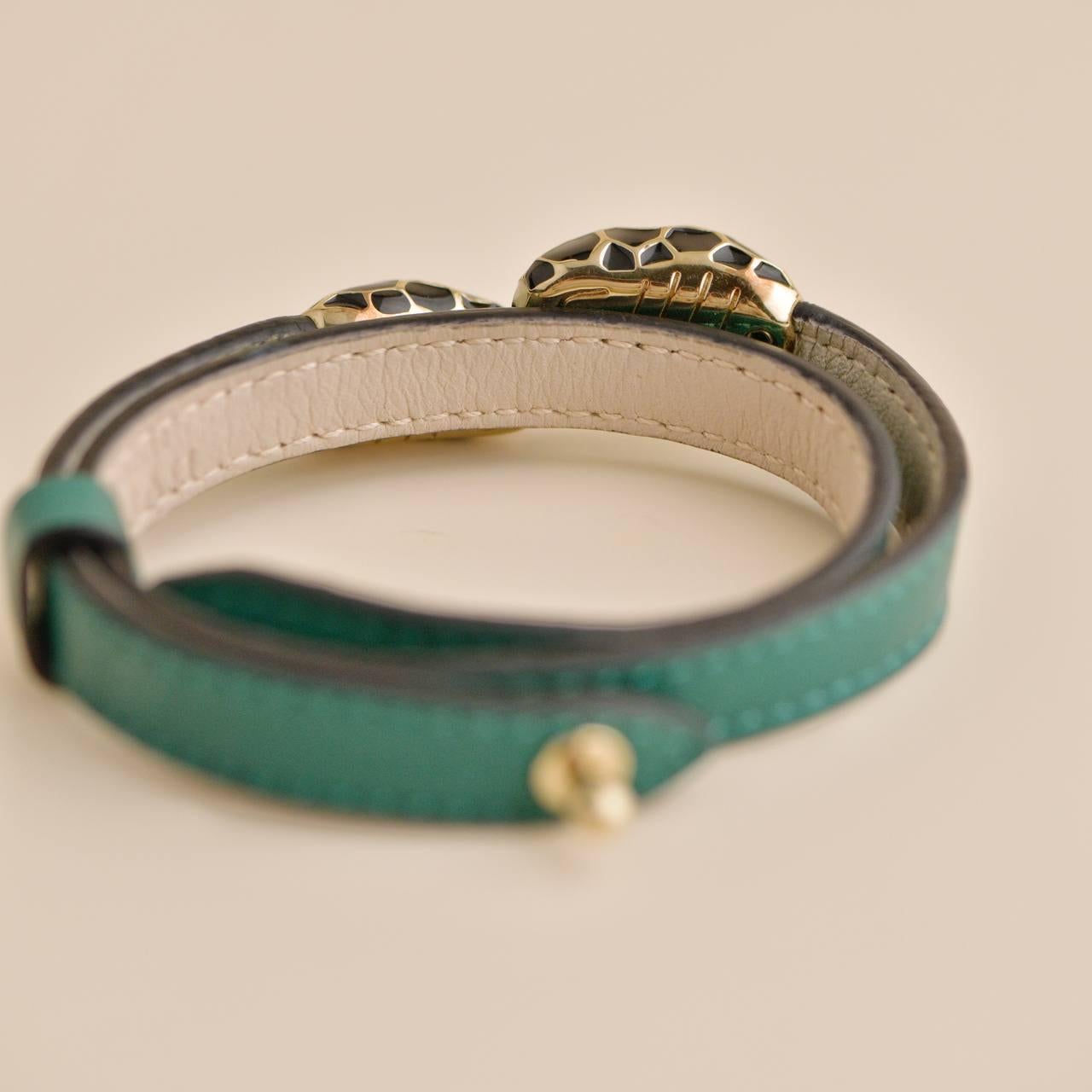 Bvlgari Serpenti Forever Enamel Green Leather Bracelet Size M 2