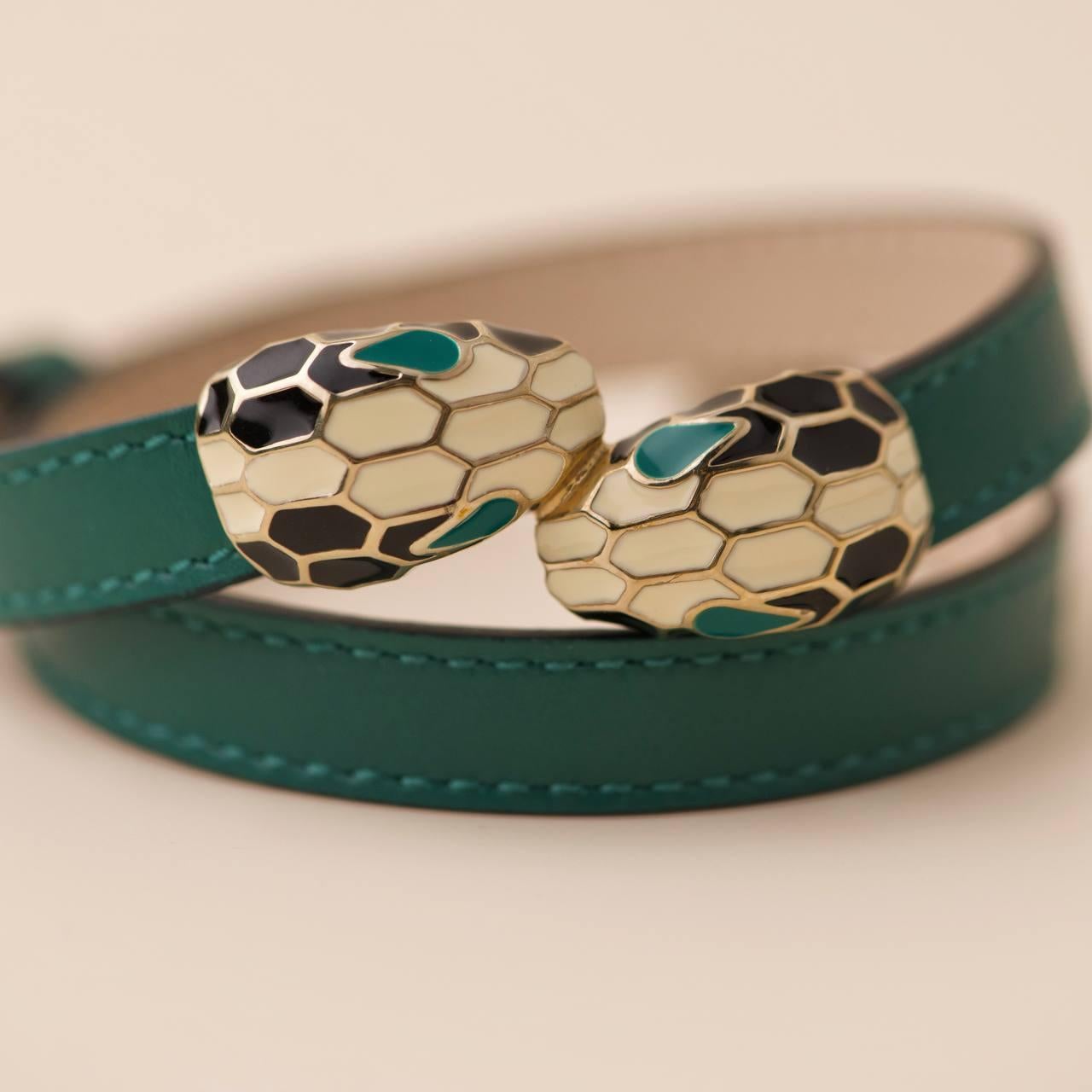 Bvlgari Serpenti Forever Enamel Green Leather Bracelet Size M 1